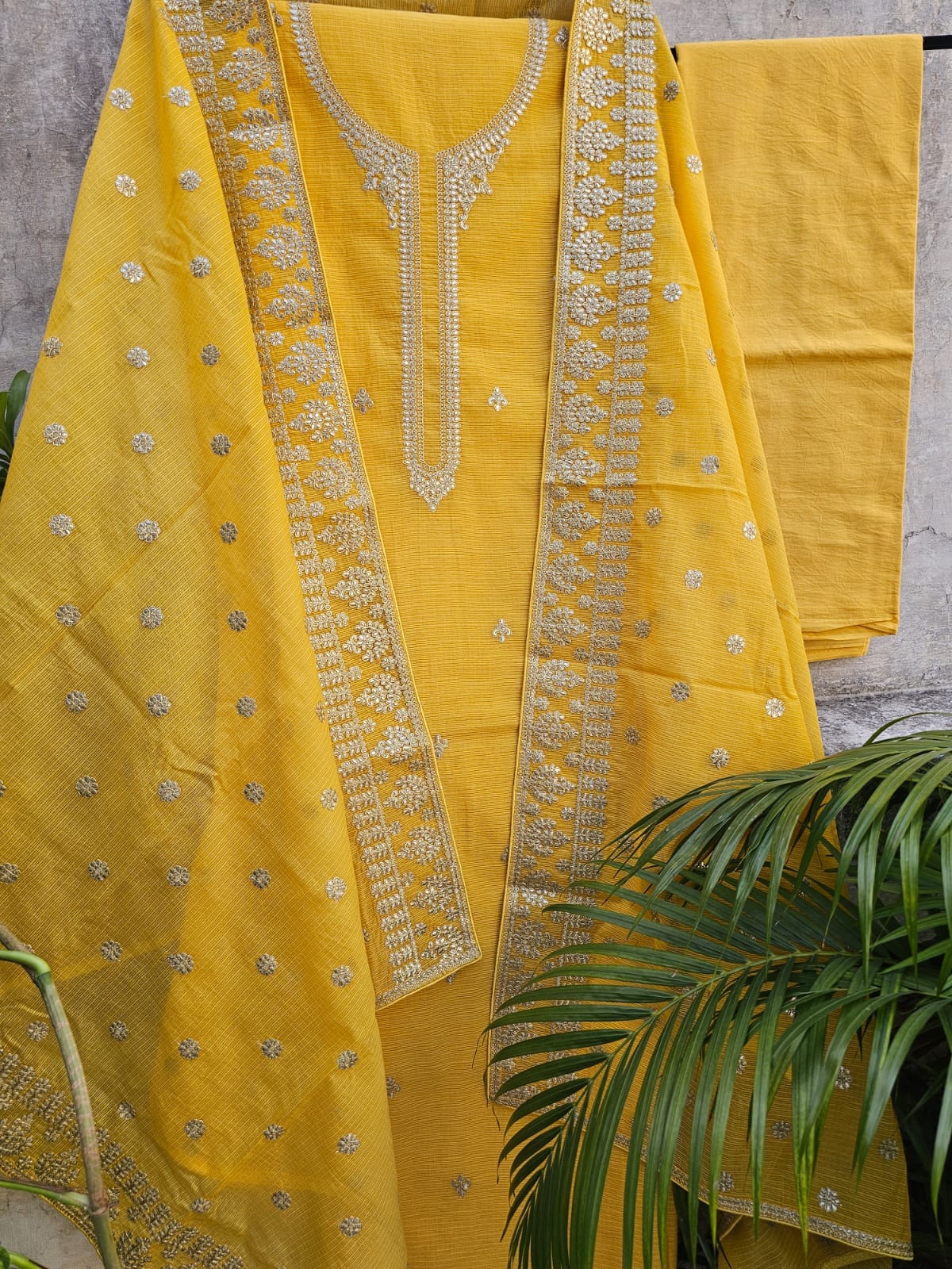 Elegant & Subtle Unstitched Kota Embroidered 3pc Suit Set -Yellow