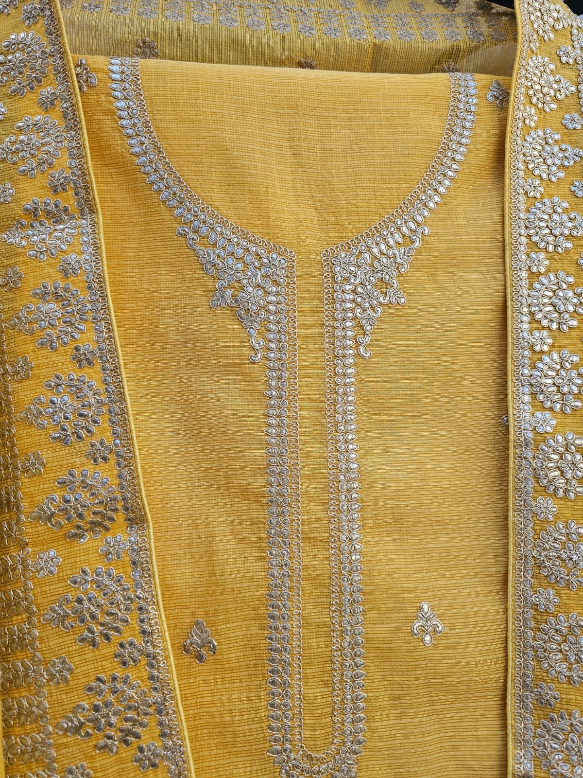 Elegant & Subtle Unstitched Kota Embroidered 3pc Suit Set -Yellow