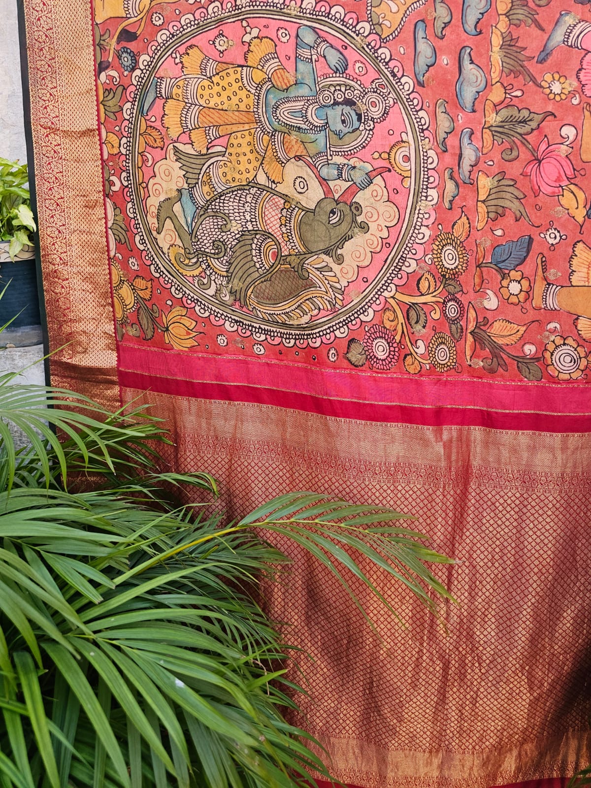 Krishna Leela Theme Pure Kanjivaram Silk Kalamkari Saree