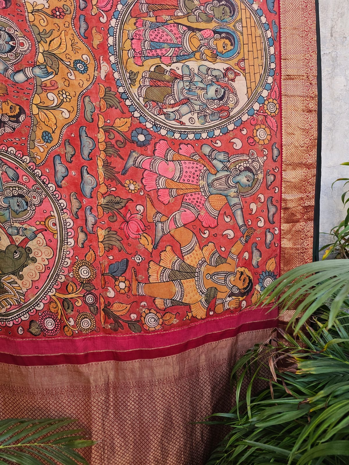 Krishna Leela Theme Pure Kanjivaram Silk Kalamkari Saree