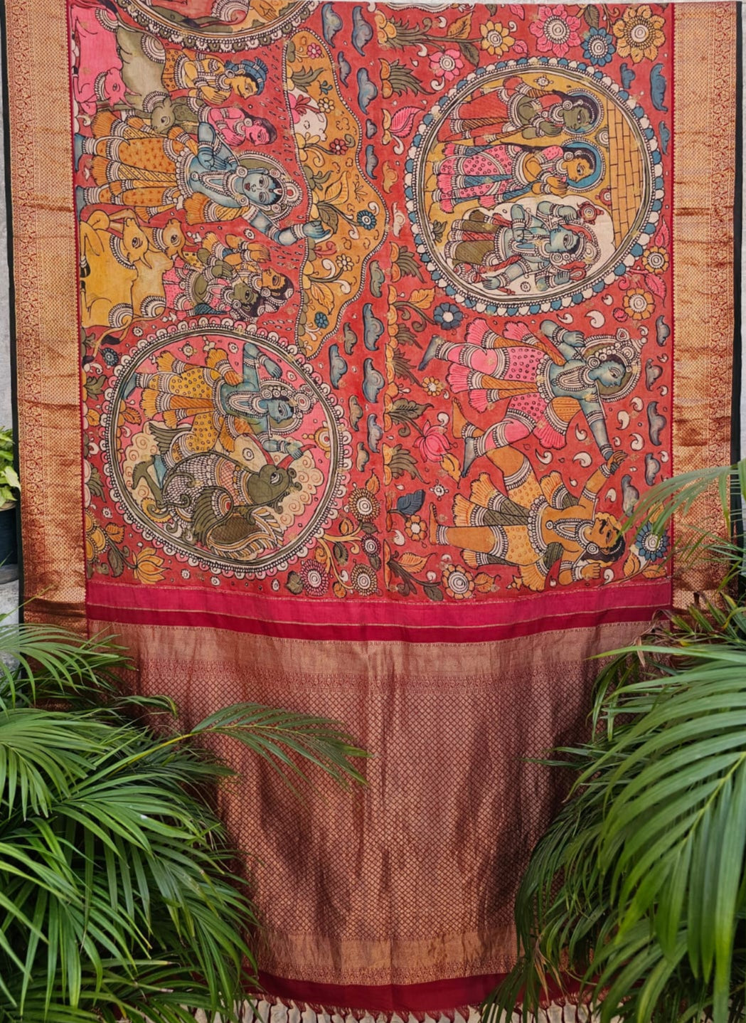 Krishna Leela Theme Pure Kanjivaram Silk Kalamkari Saree