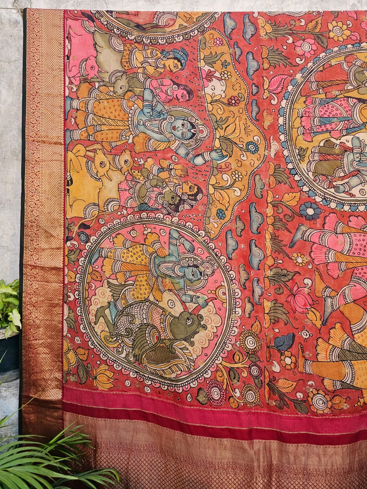 Krishna Leela Theme Pure Kanjivaram Silk Kalamkari Saree
