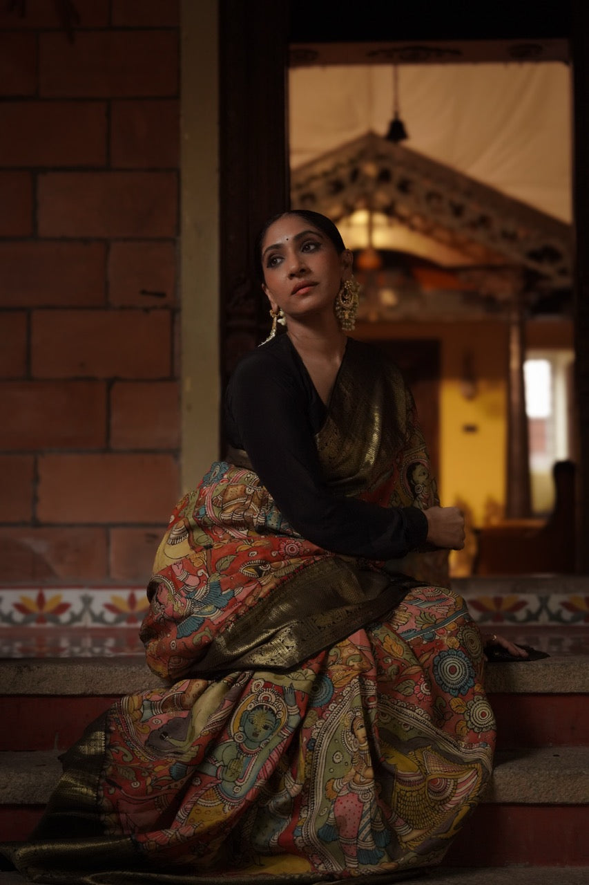 krishna-leela-theme-pure-kanjivaram-silk-kalamkari-saree