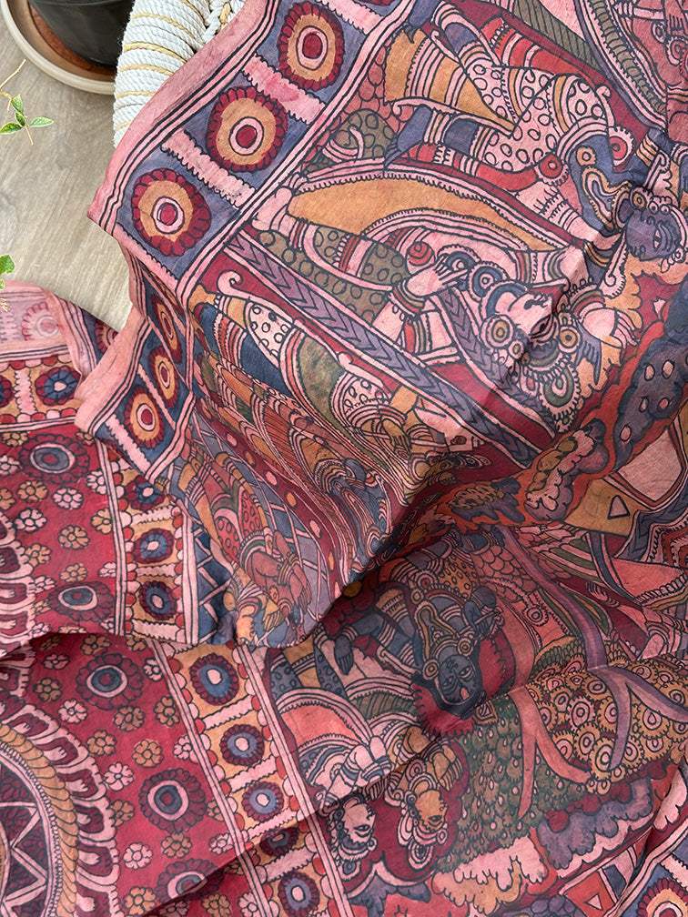 krishna-theme-mulberry-silk-kalamkari-saree-drape-style-front-angle