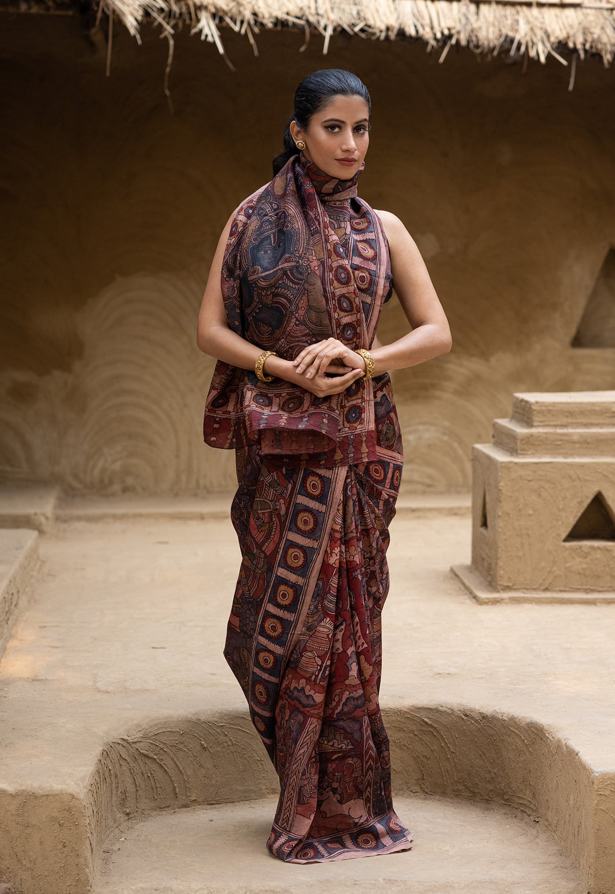 krishna-theme-mulberry-silk-kalamkari-saree-front-view