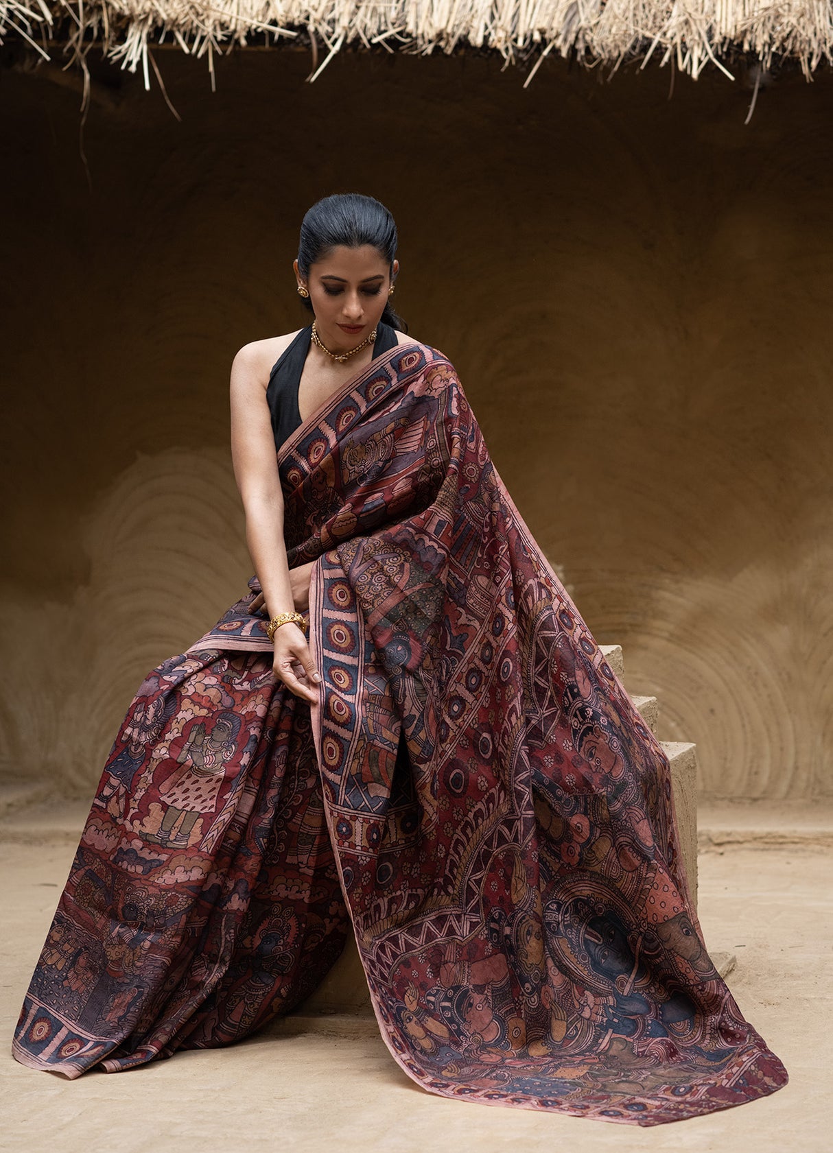 krishna-theme-mulberry-silk-kalamkari-saree-full-drape-look