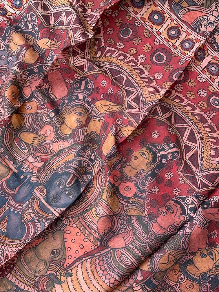 krishna-theme-mulberry-silk-kalamkari-saree-pleats-detail