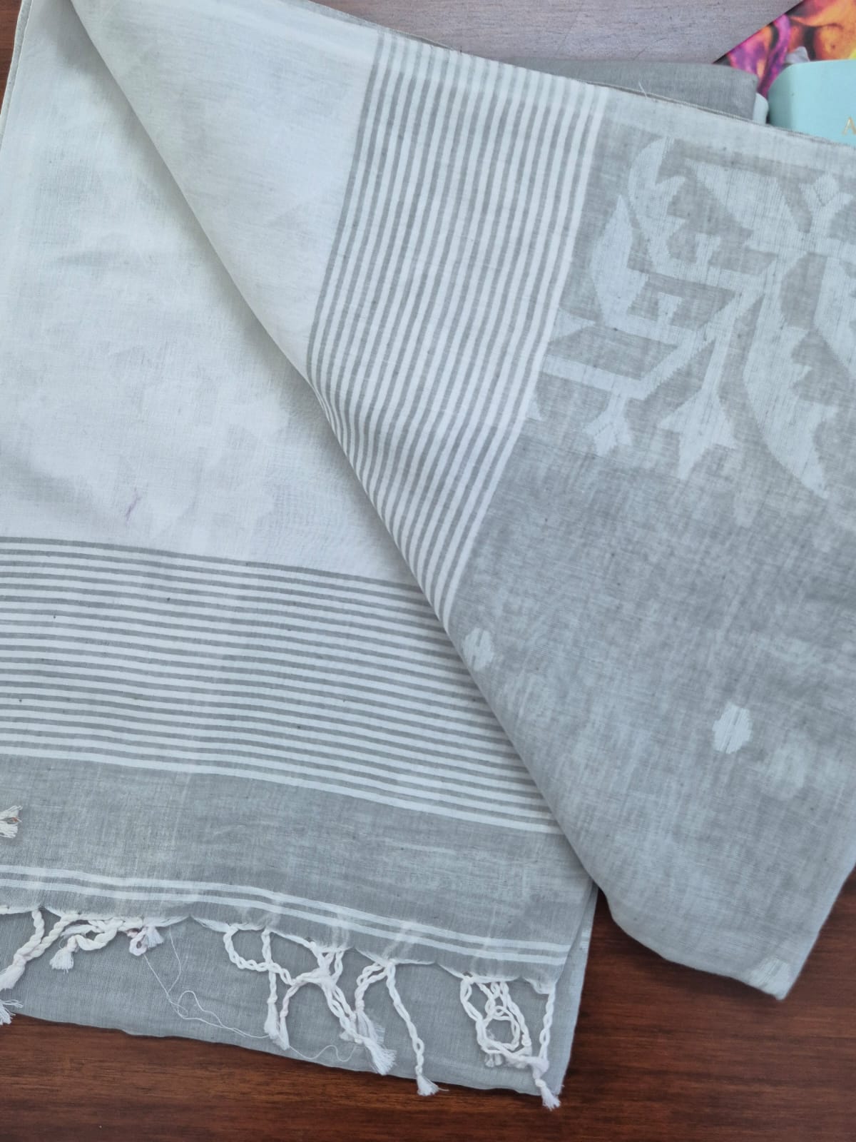 Elegant Mulmul Cotton Saree made on Jacquard Loom in Grey Colour