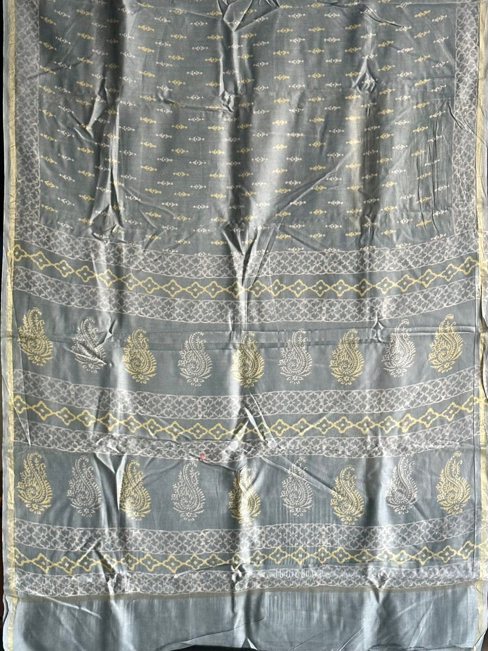 Light Grey Handblock Print Chanderi Cotton Silk Saree