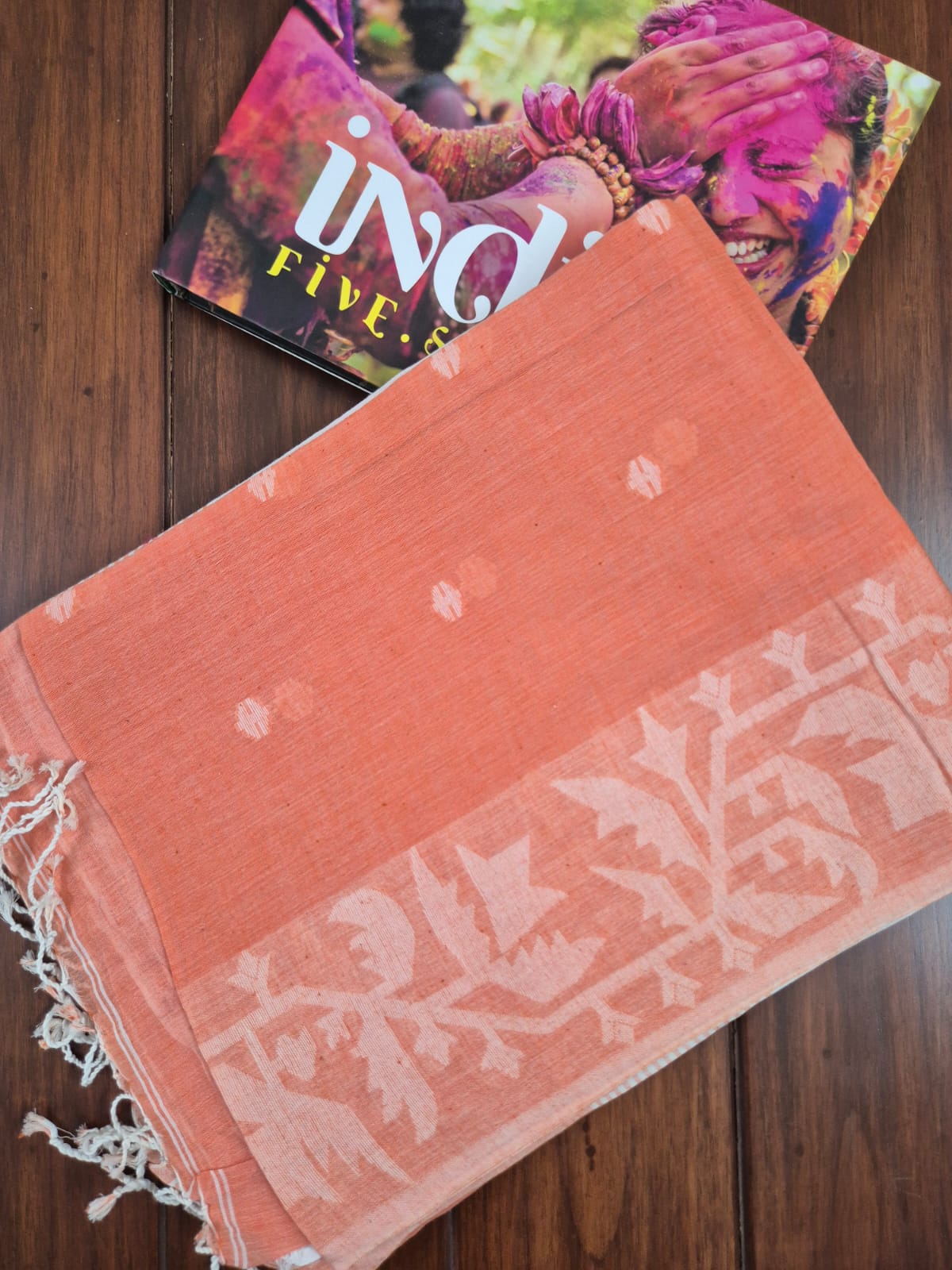 Elegant Mulmul Cotton Saree made on Jacquard Loom in Light Orange Colour