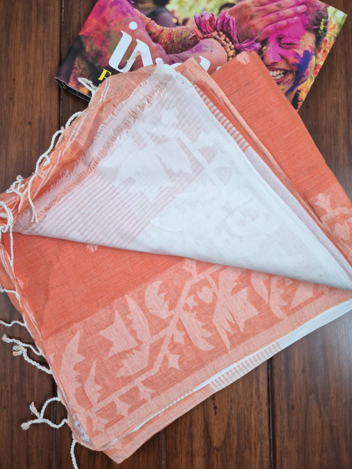 Elegant Mulmul Cotton Saree made on Jacquard Loom in Light Orange Colour