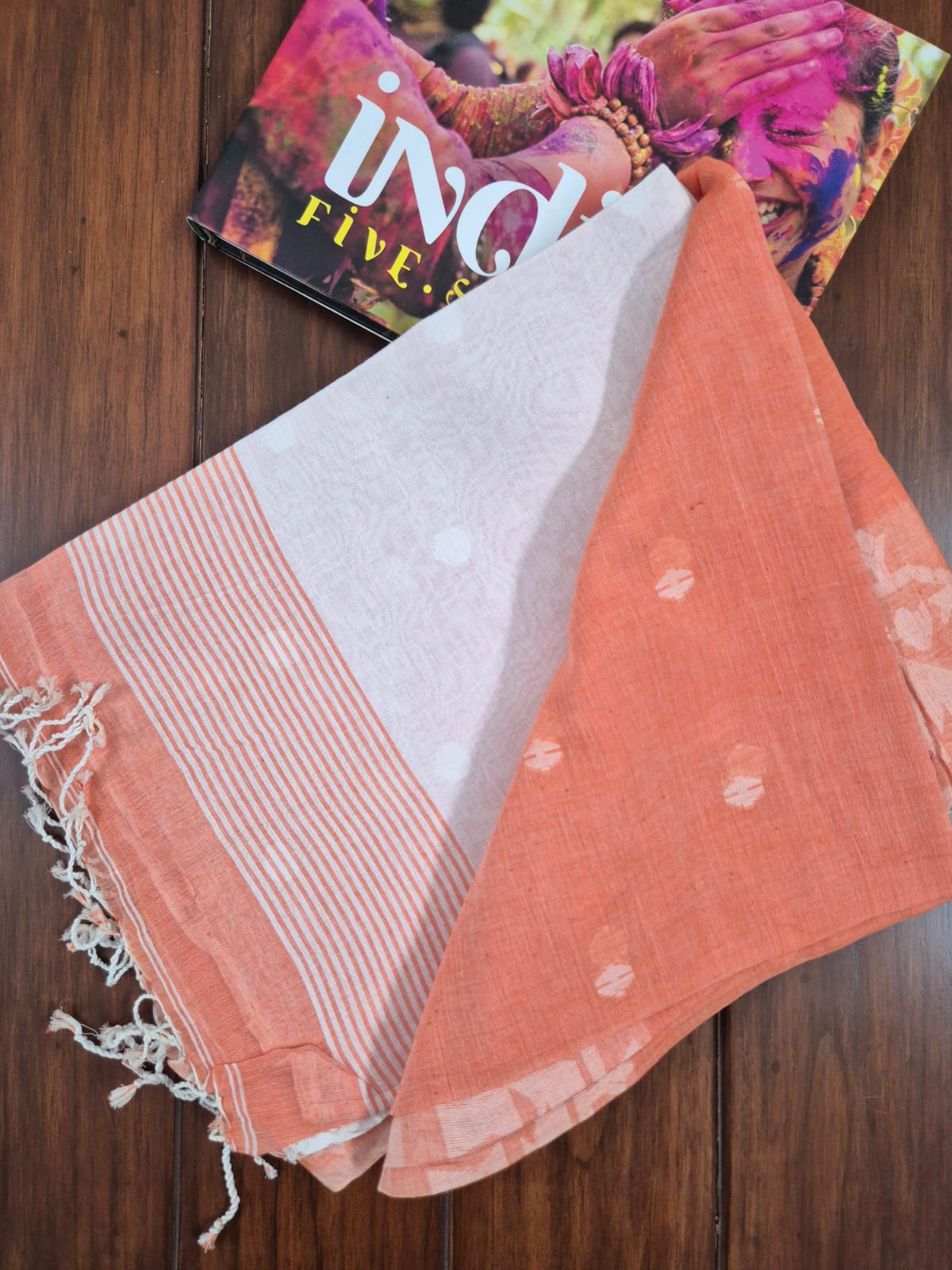 Elegant Mulmul Cotton Saree made on Jacquard Loom in Light Orange Colour