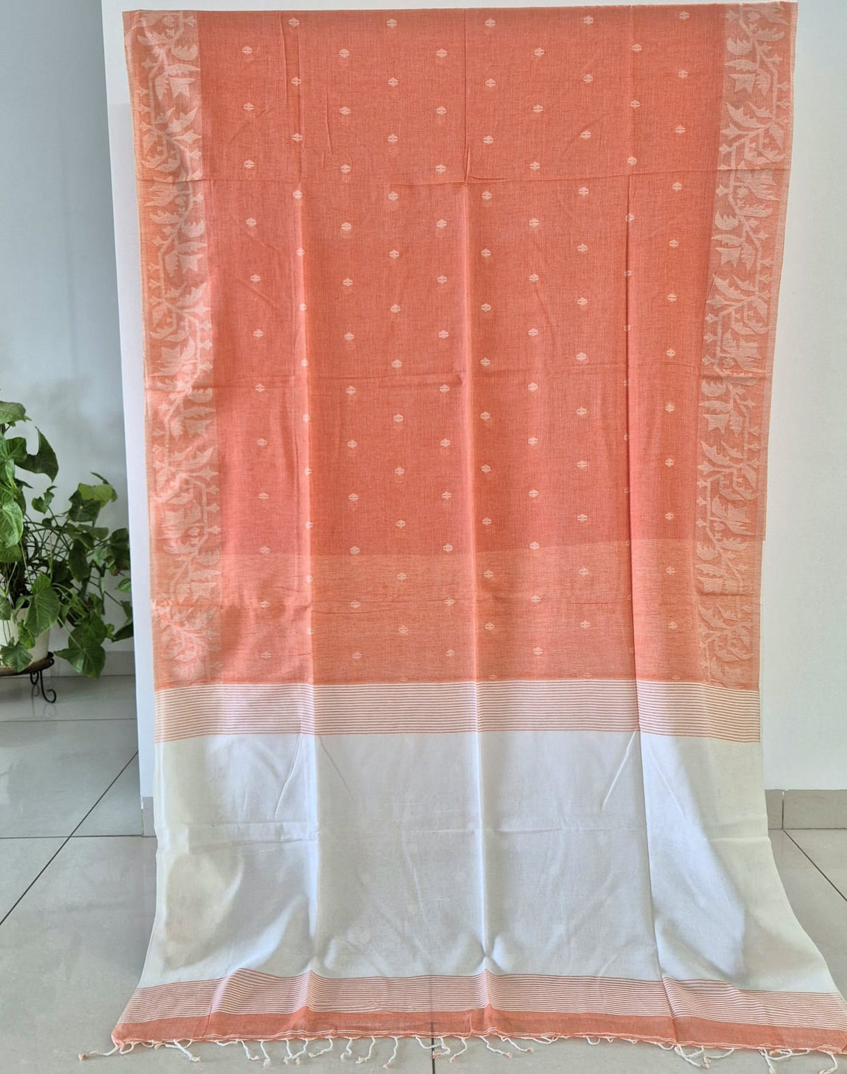 Elegant Mulmul Cotton Saree made on Jacquard Loom in Light Orange Colour