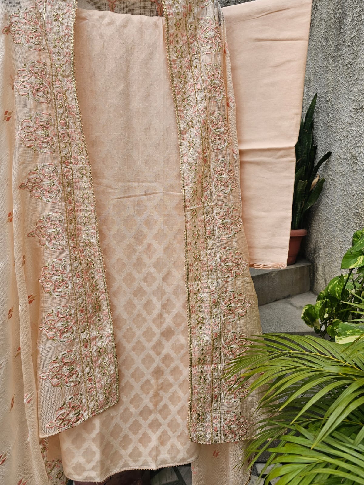 Light Peach Cotton Silk Three Piece Unstitched Suit Set