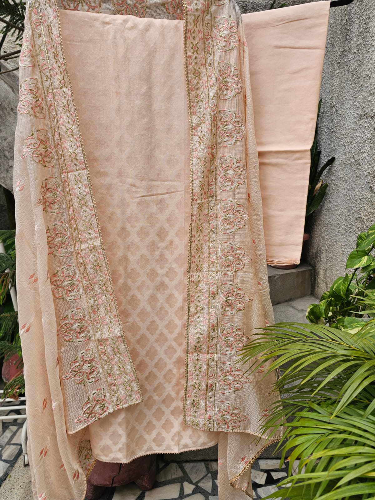 Light Peach Cotton Silk Three Piece Unstitched Suit Set