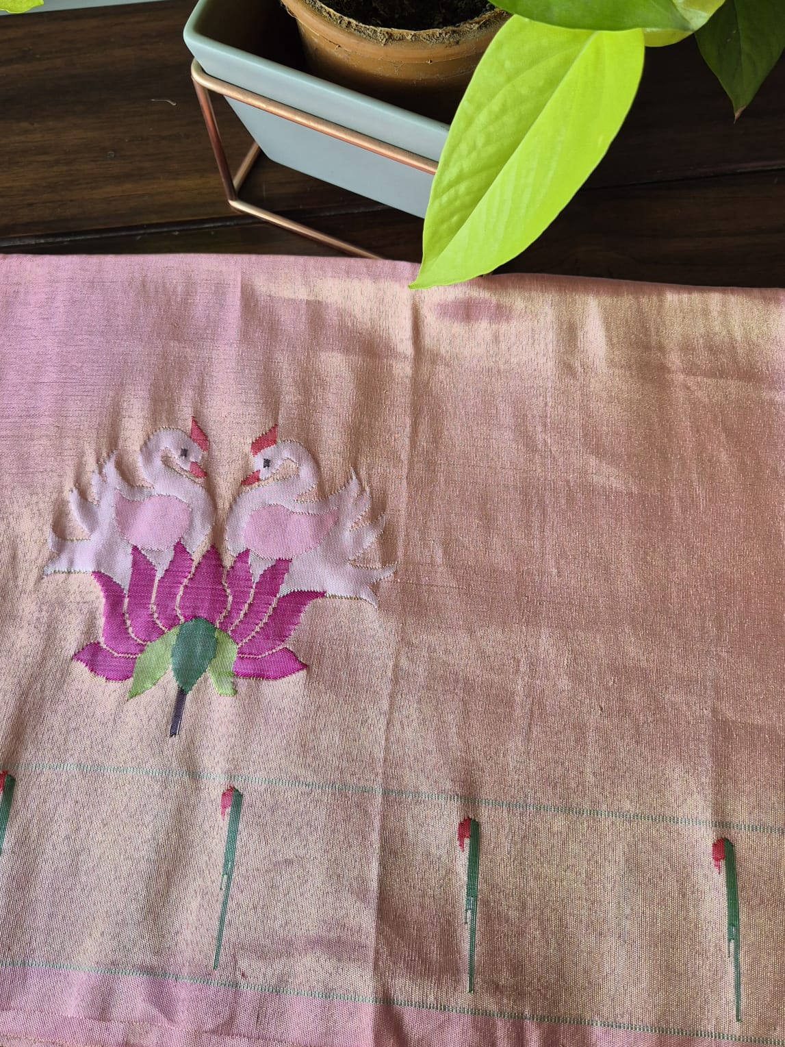 Light Pink and Golden Handloom Tissue Silk Paithani Blouse Piece (1 meter)