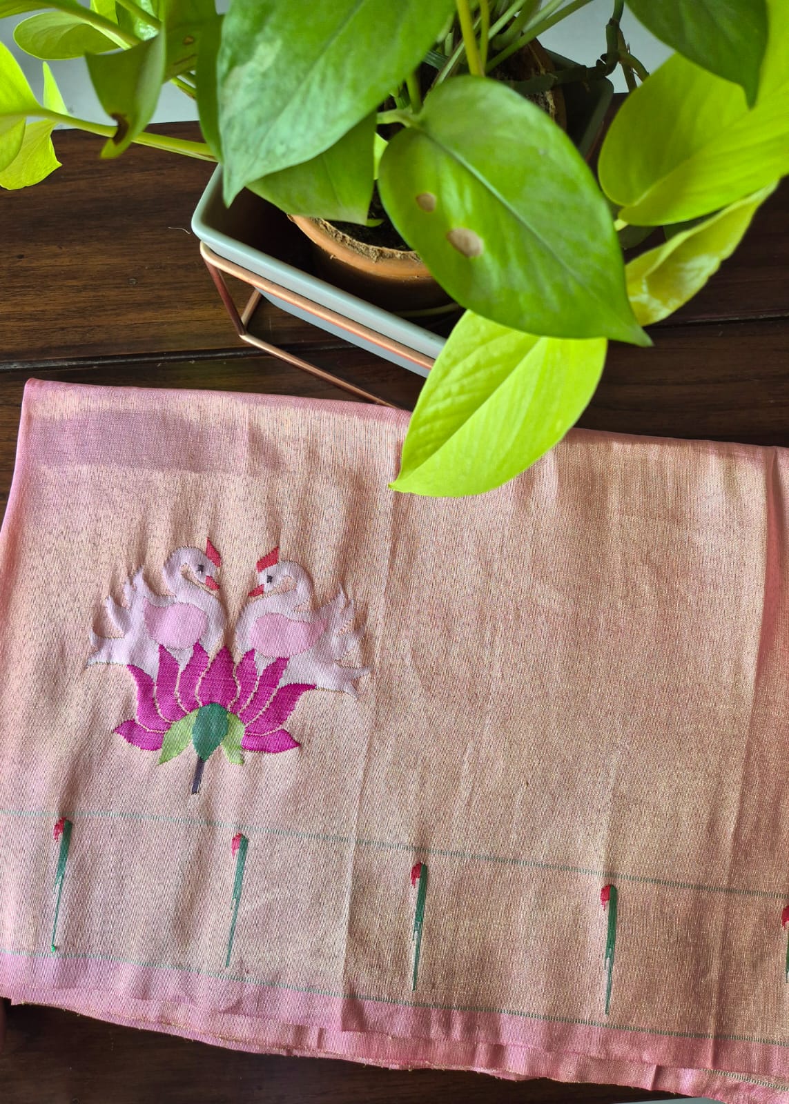 Light Pink and Golden Handloom Tissue Silk Paithani Blouse Piece (1 meter)