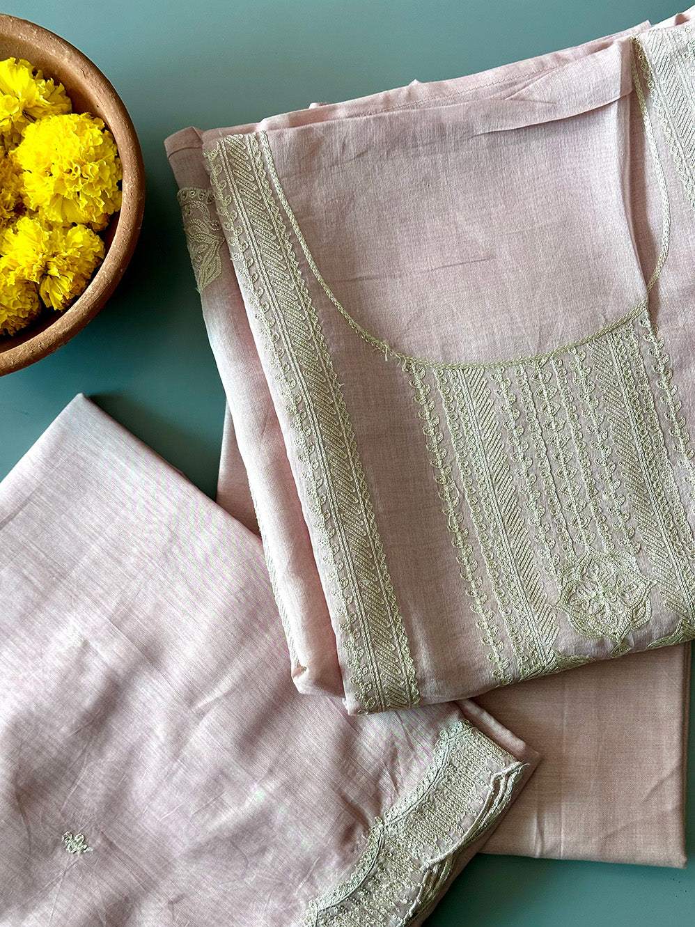 Light Pink 3-pc Chanderi Mulmul Stitched Suit Set