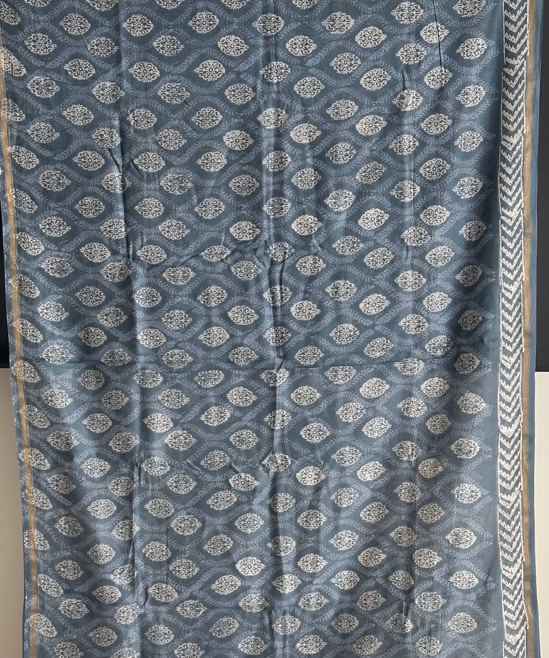 Light Steel Grey Handblock Print Chanderi Cotton Silk Saree