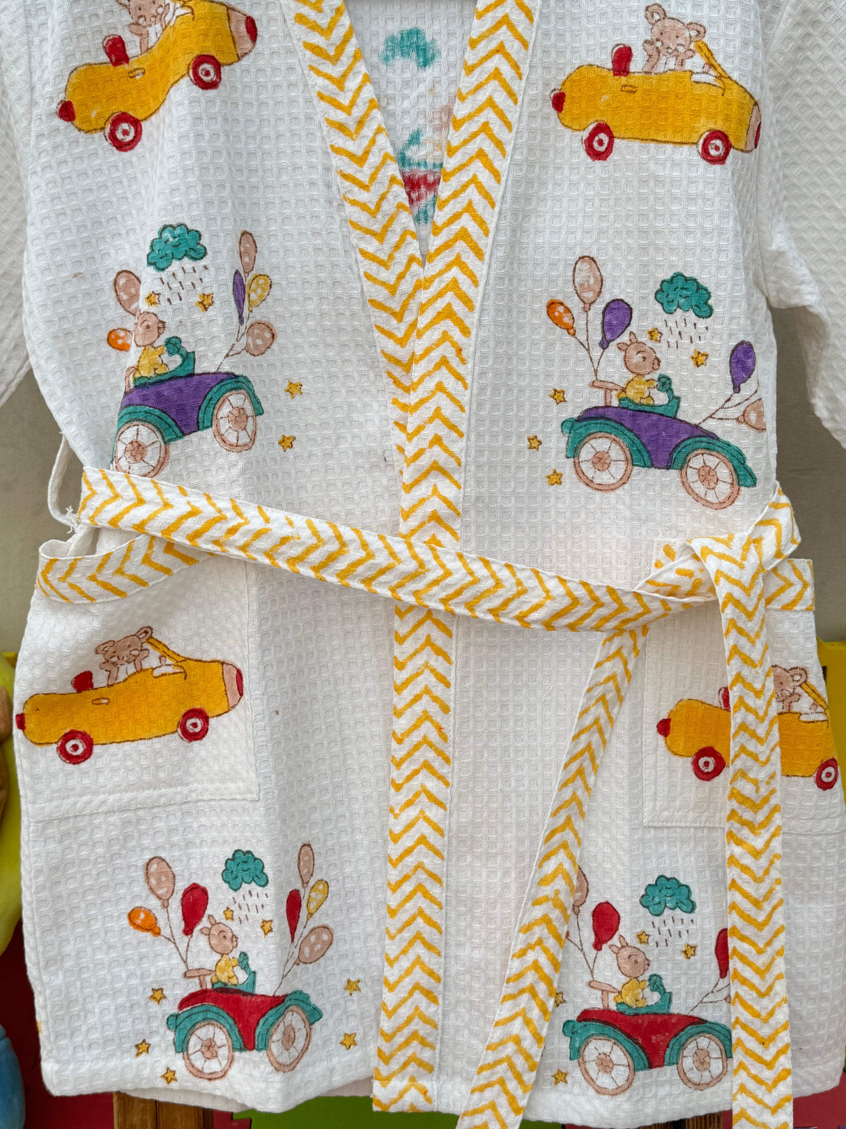 handblock printed nursery car theme cotton bathrobe for kids daily use and swimming