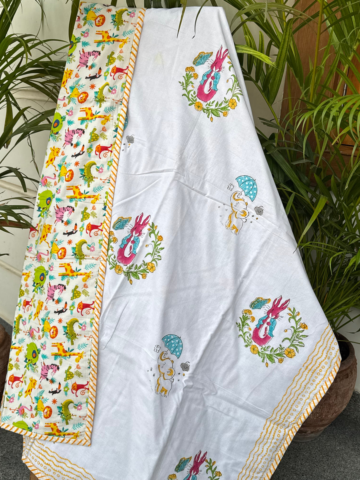 peter pan and animal nursery print reversible kids dohar mulmul cotton flannel lined perfect summer baby shower return gifts retail boutiques india abroad