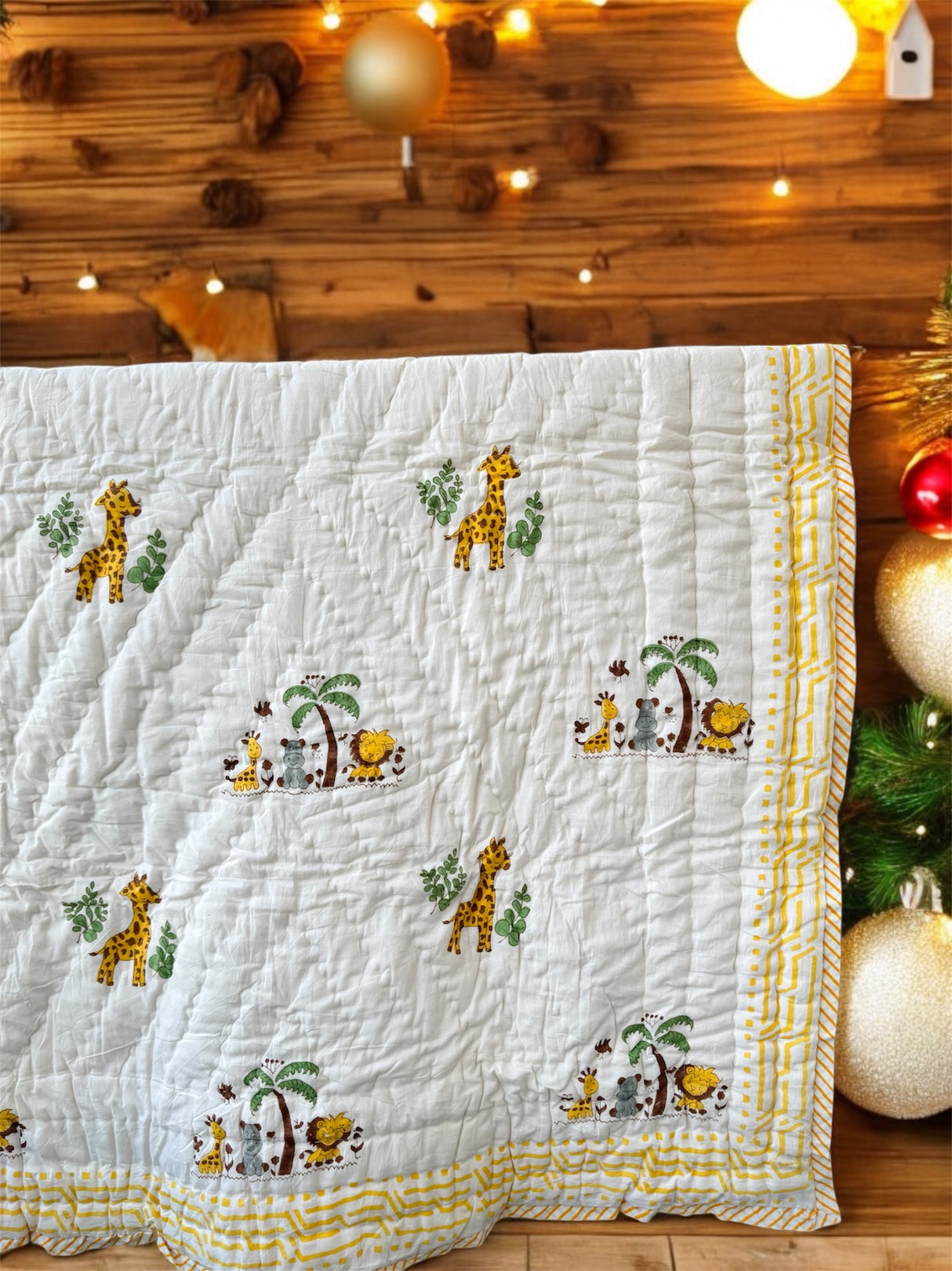 jungle animal theme reversible quilt in pure cotton with cute elephants on one side and giraffe gang on the other for Canadian and Australian markets