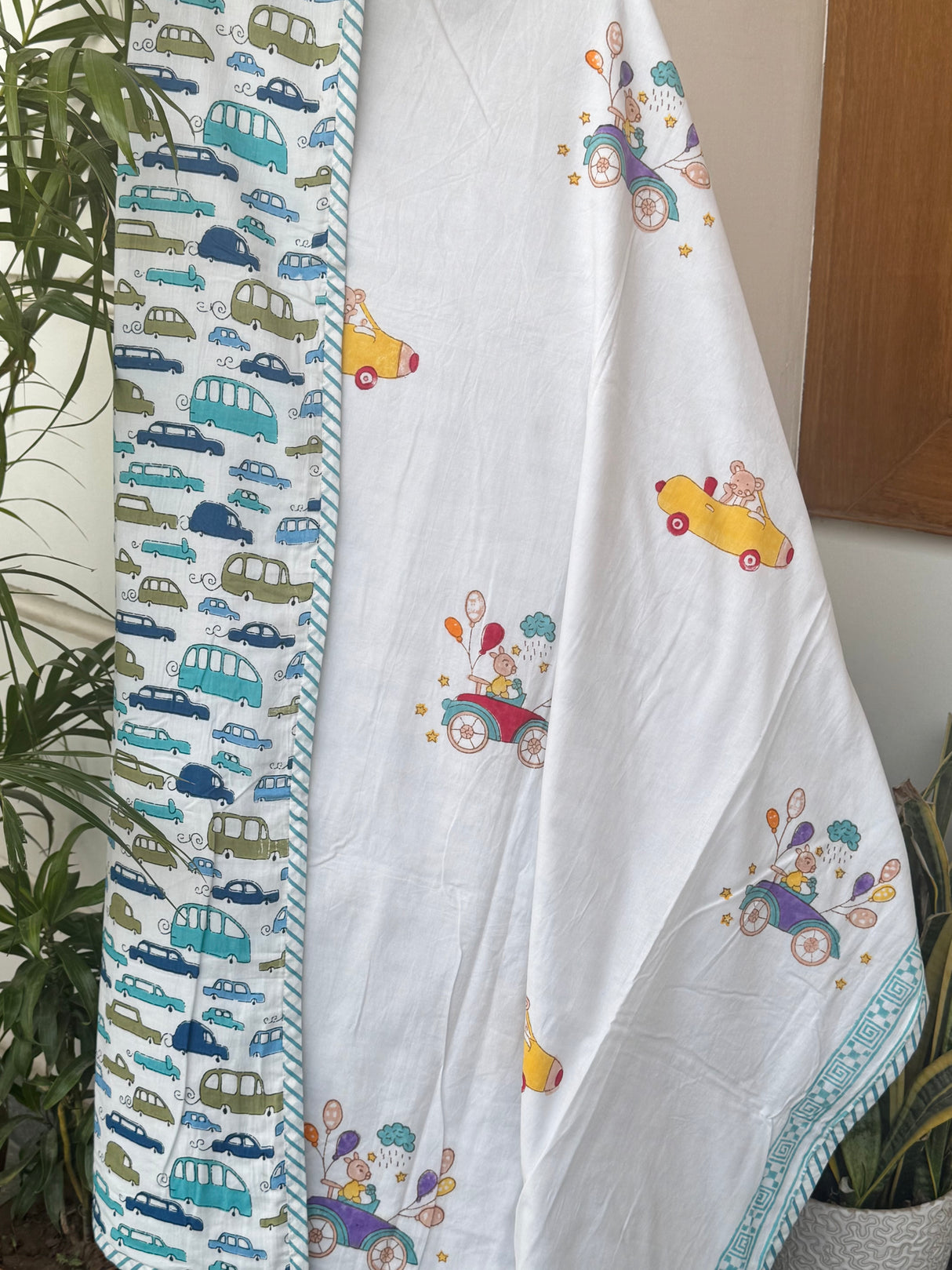 nursery car print mulmul cotton kids blanket reversible summer dohar flannel lined sustainable baby bedding made by jaipur artisans retail and bulk gifting india usa uk australia