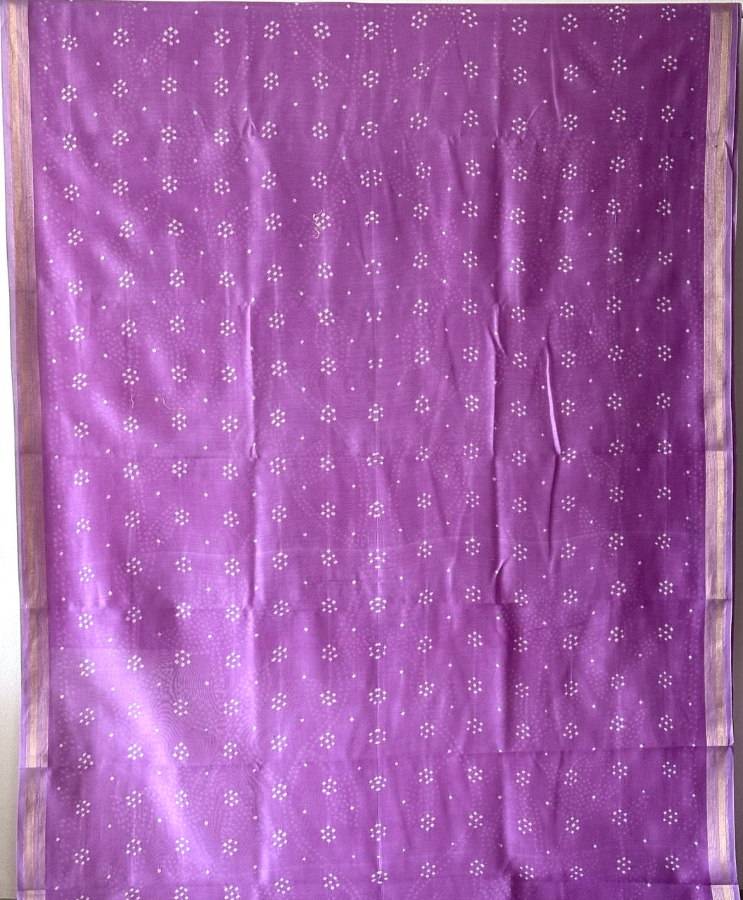 Lilac Chanderi Cotton Silk Half And Half Bandhani Saree