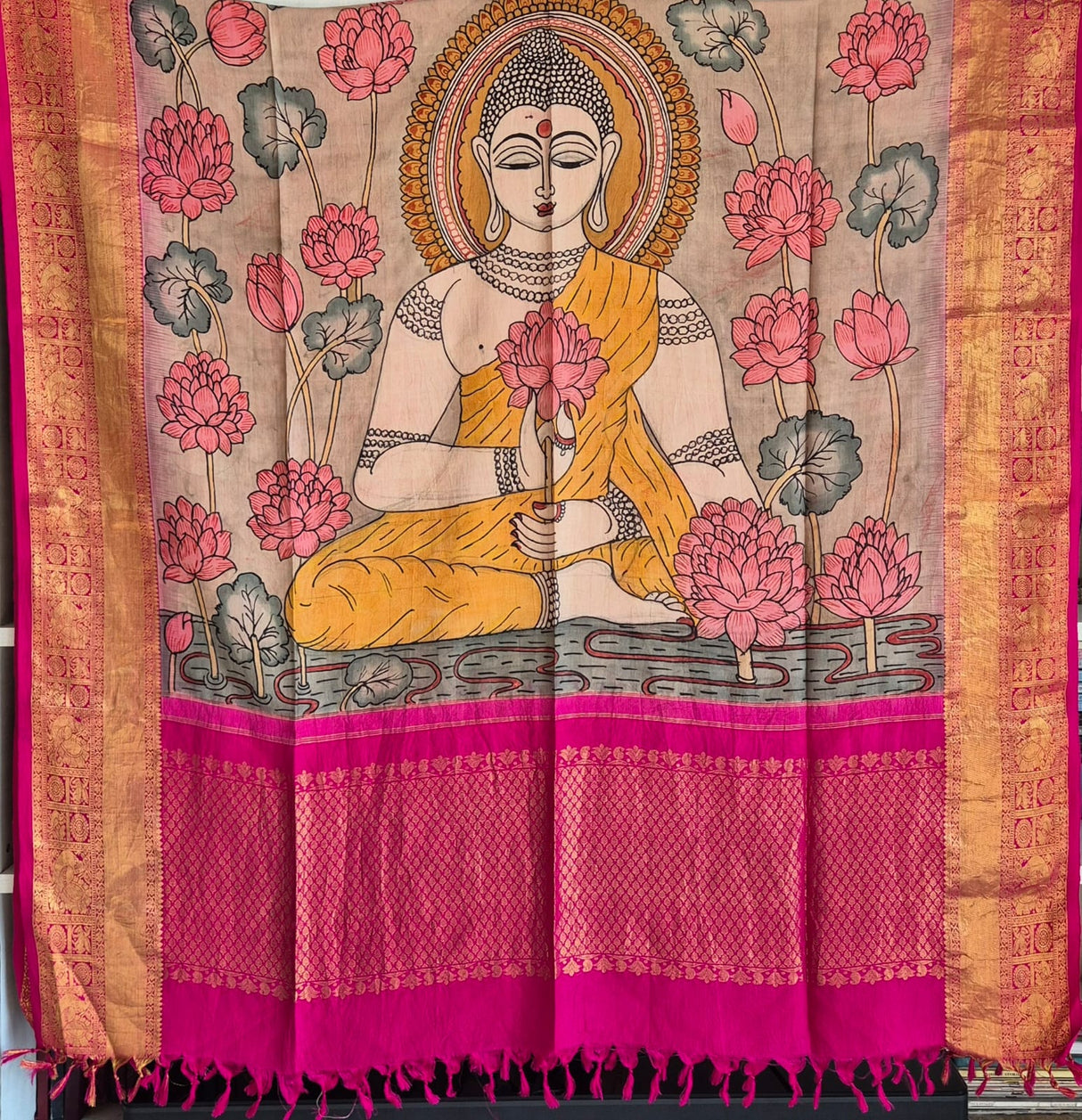 Lord Buddha Kanjeevaram Silk Kalamkari Dupatta