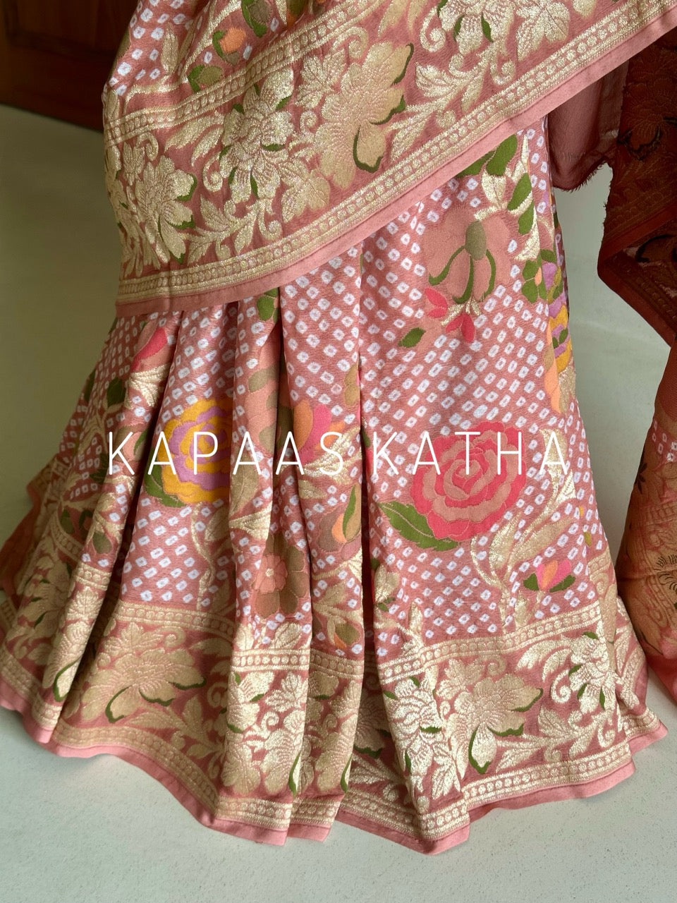Pure Banarasi Georgette Meenakari Bandhani Saree in Pink | Kapaas Katha