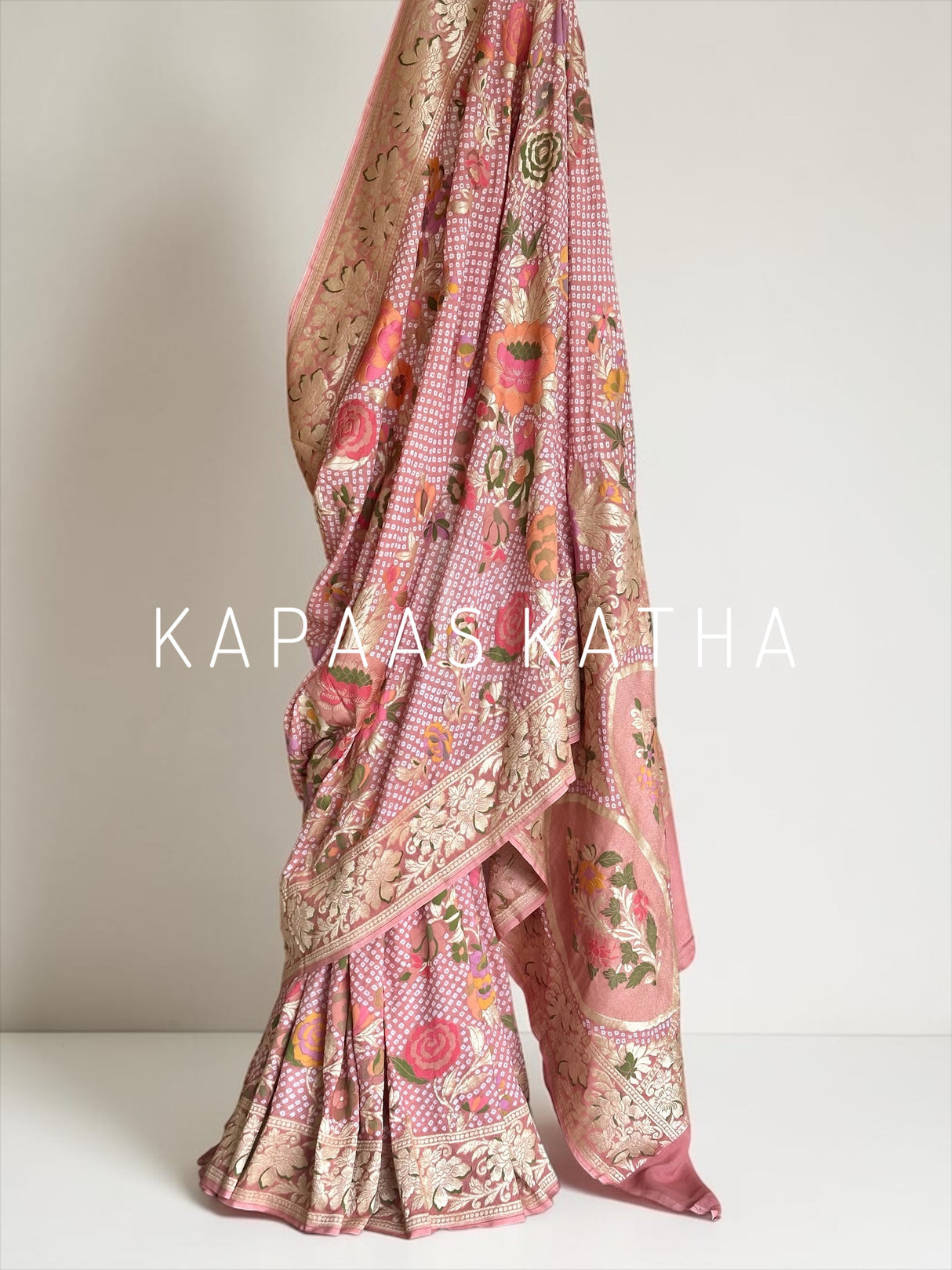 Pure Banarasi Georgette Meenakari Bandhani Saree in Pink | Kapaas Katha