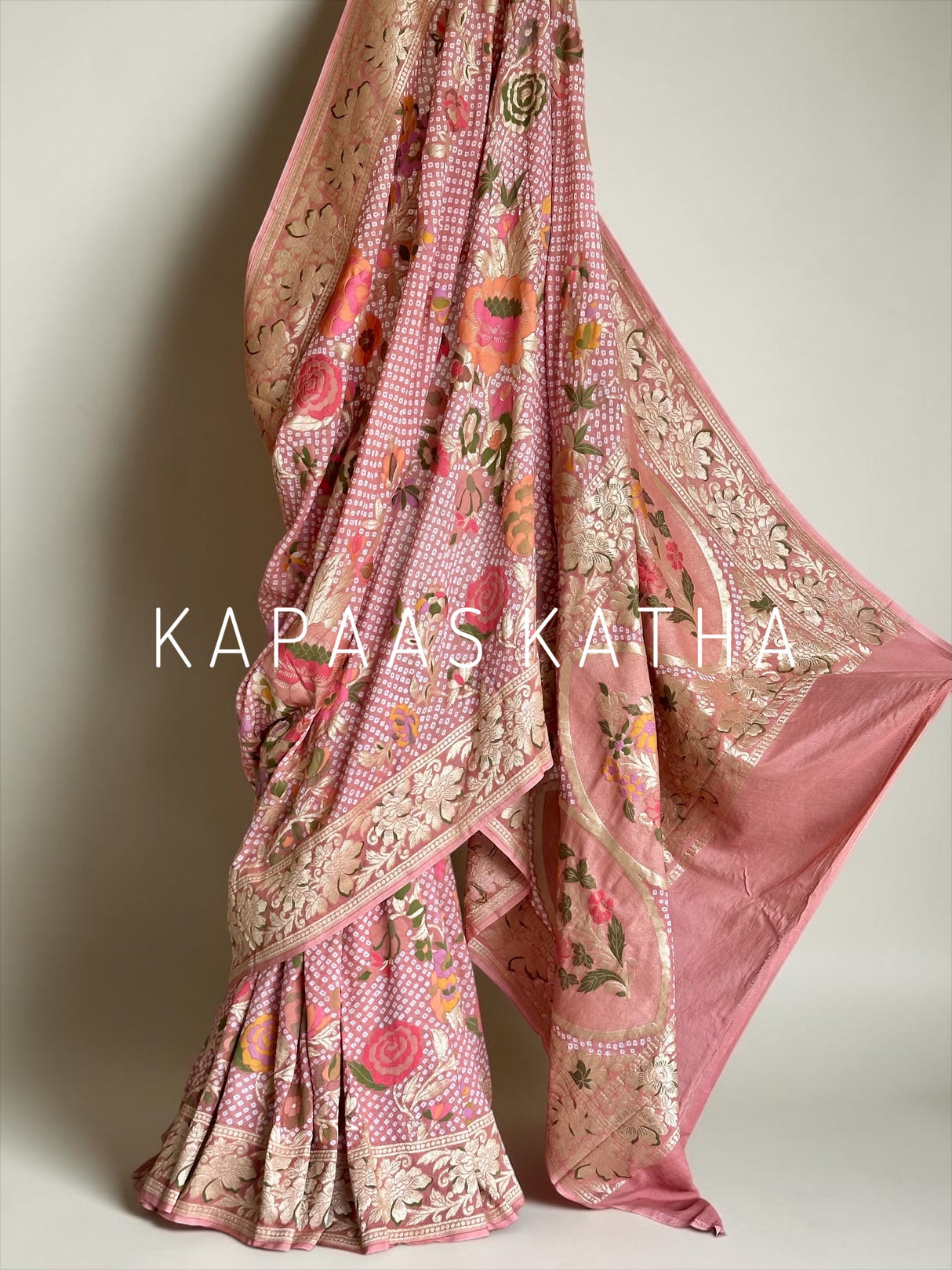 Pure Banarasi Georgette Meenakari Bandhani Saree in Pink | Kapaas Katha