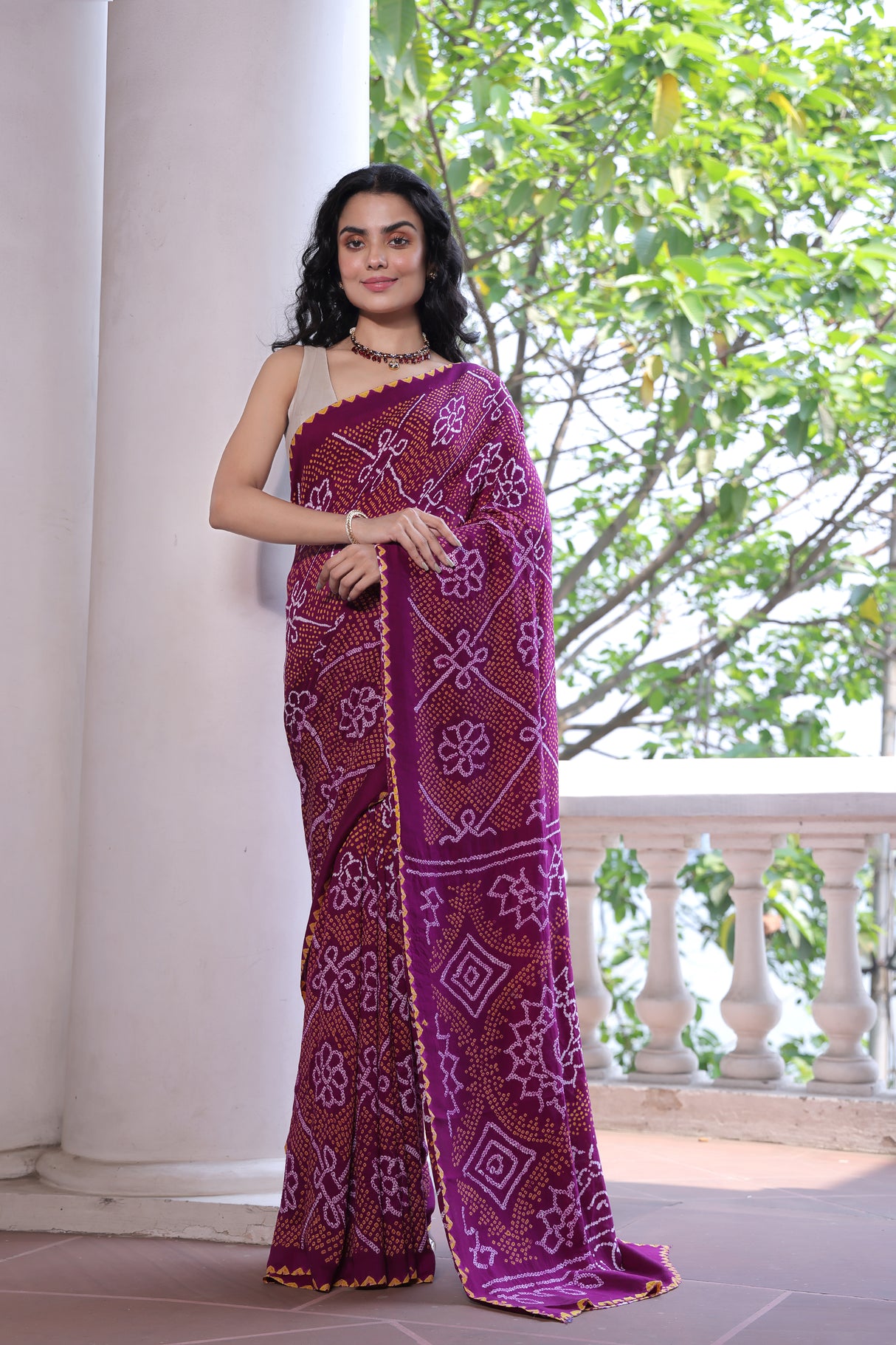 Magenta Floral Pure Gajji Silk Bandhani Saree
