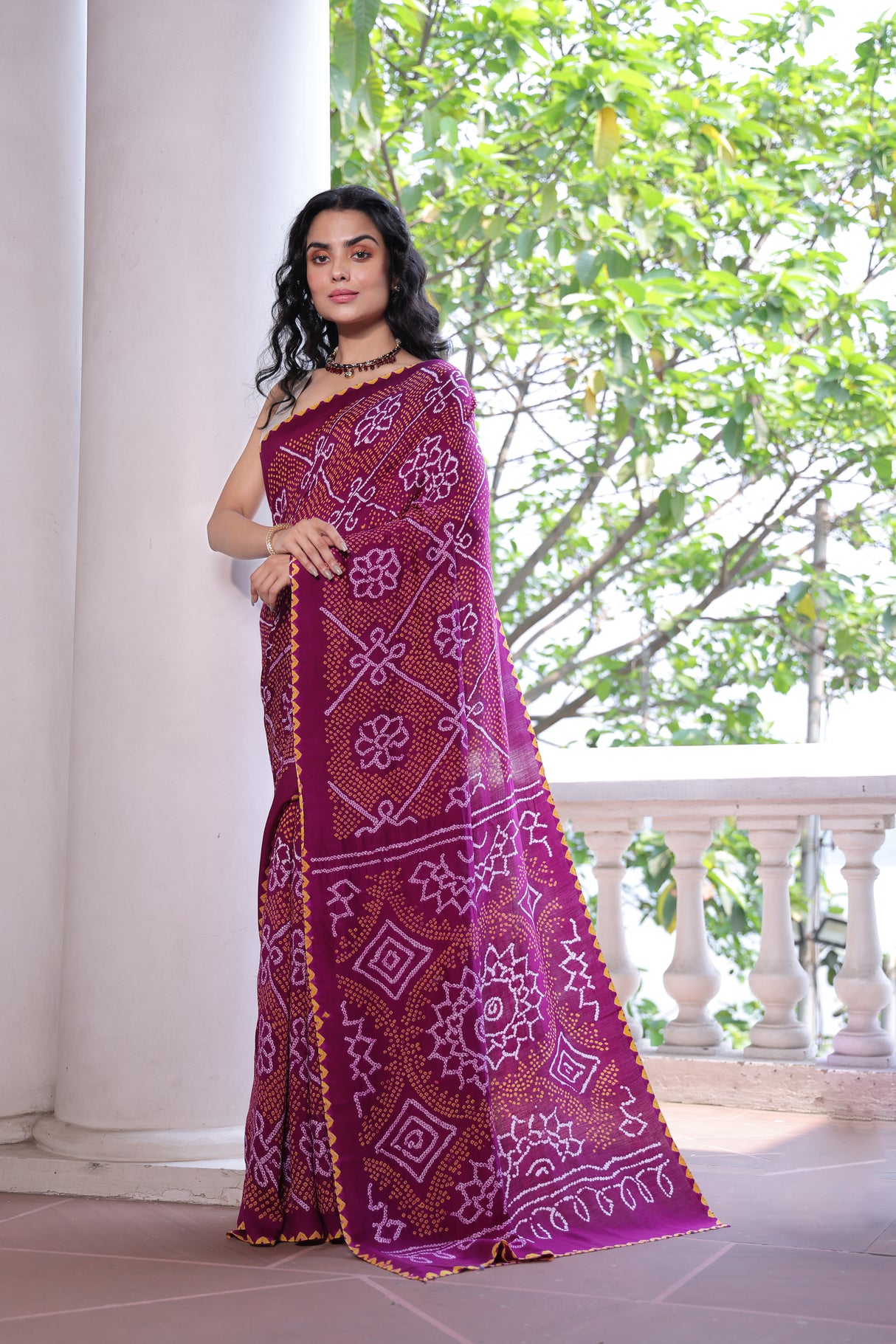 Magenta Floral Pure Gajji Silk Bandhani Saree