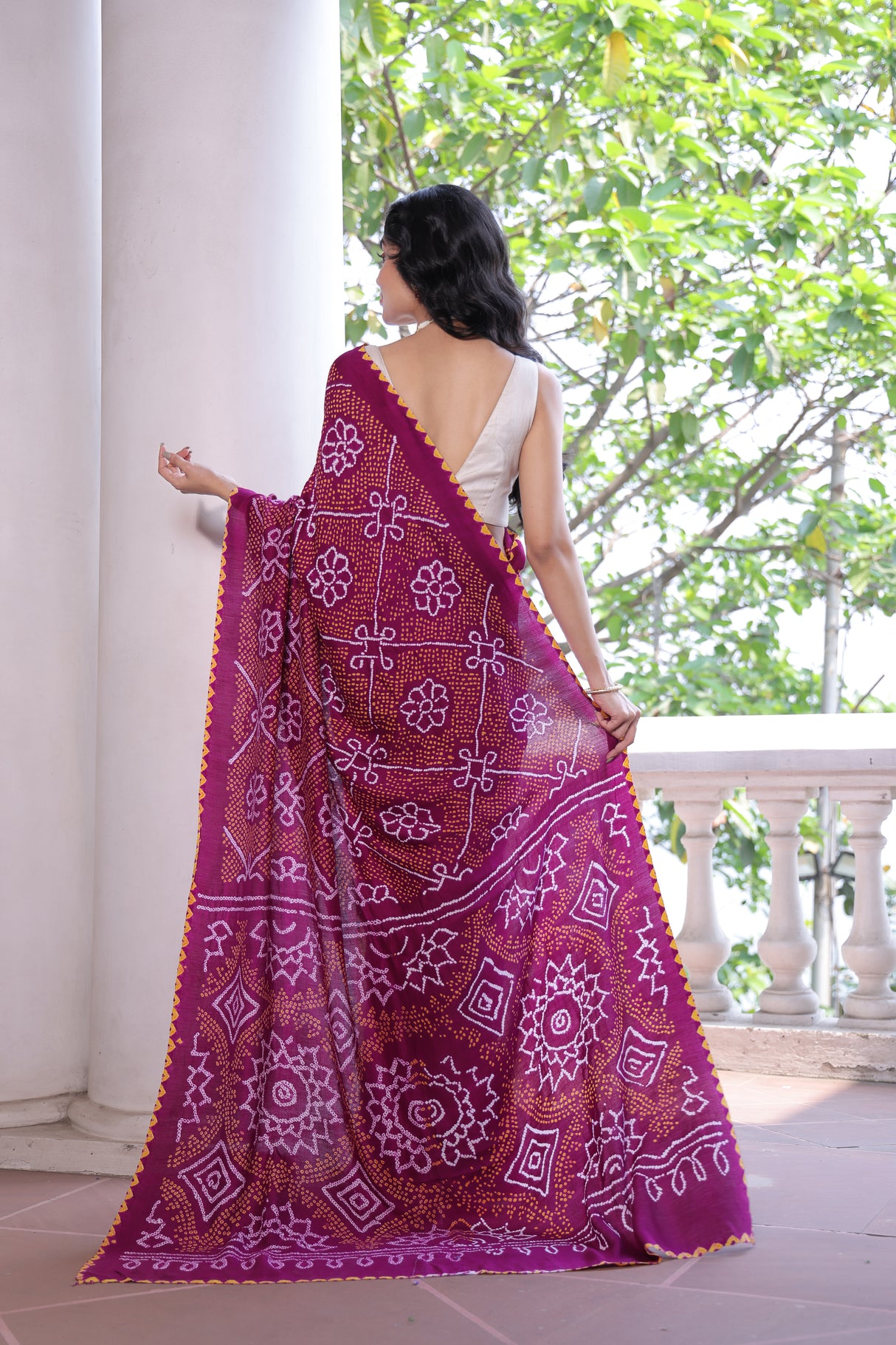 Magenta Floral Pure Gajji Silk Bandhani Saree