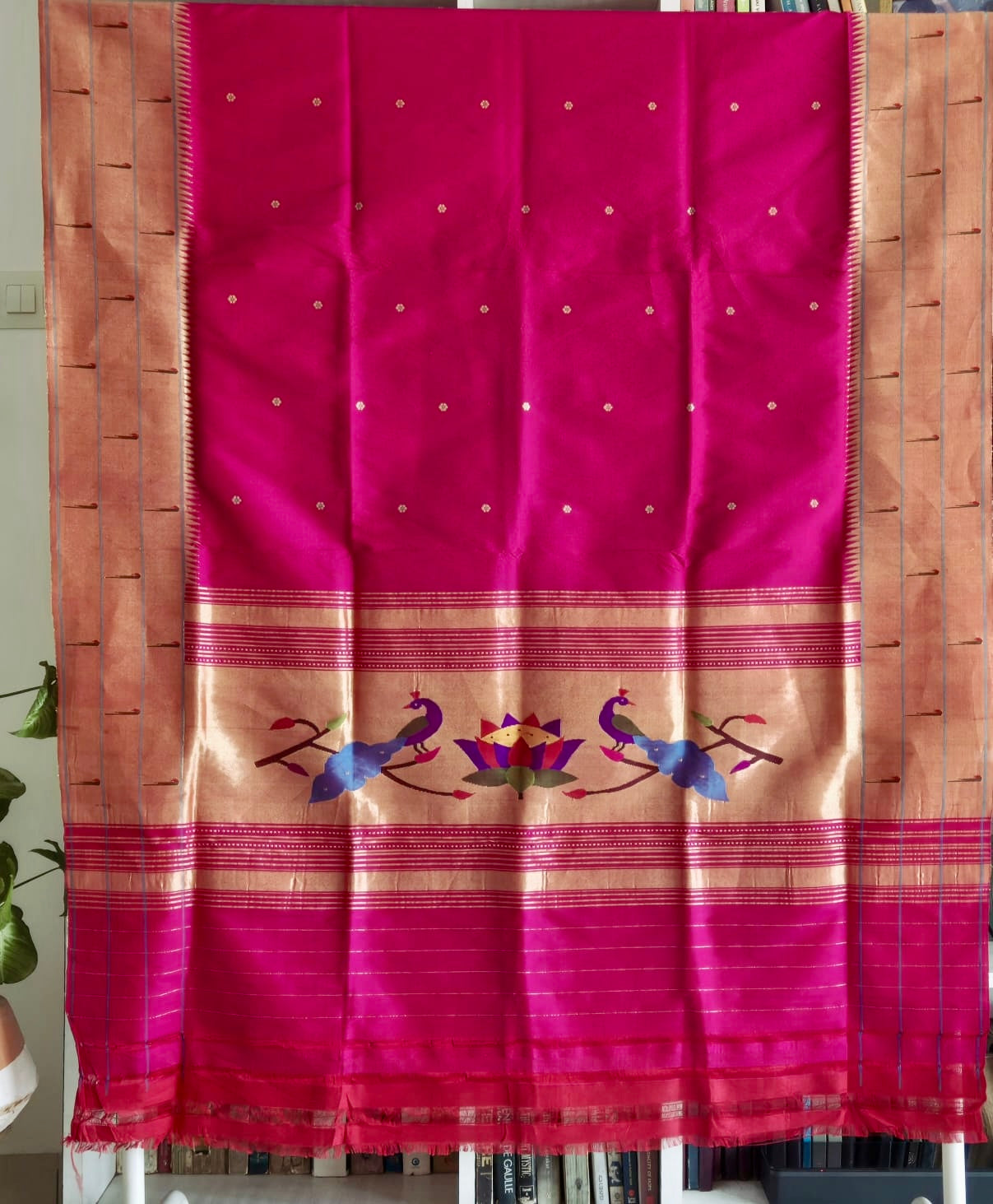 Parrot Theme Magenta Handloom Silk Paithani Dupatta With Triple Muniya Border