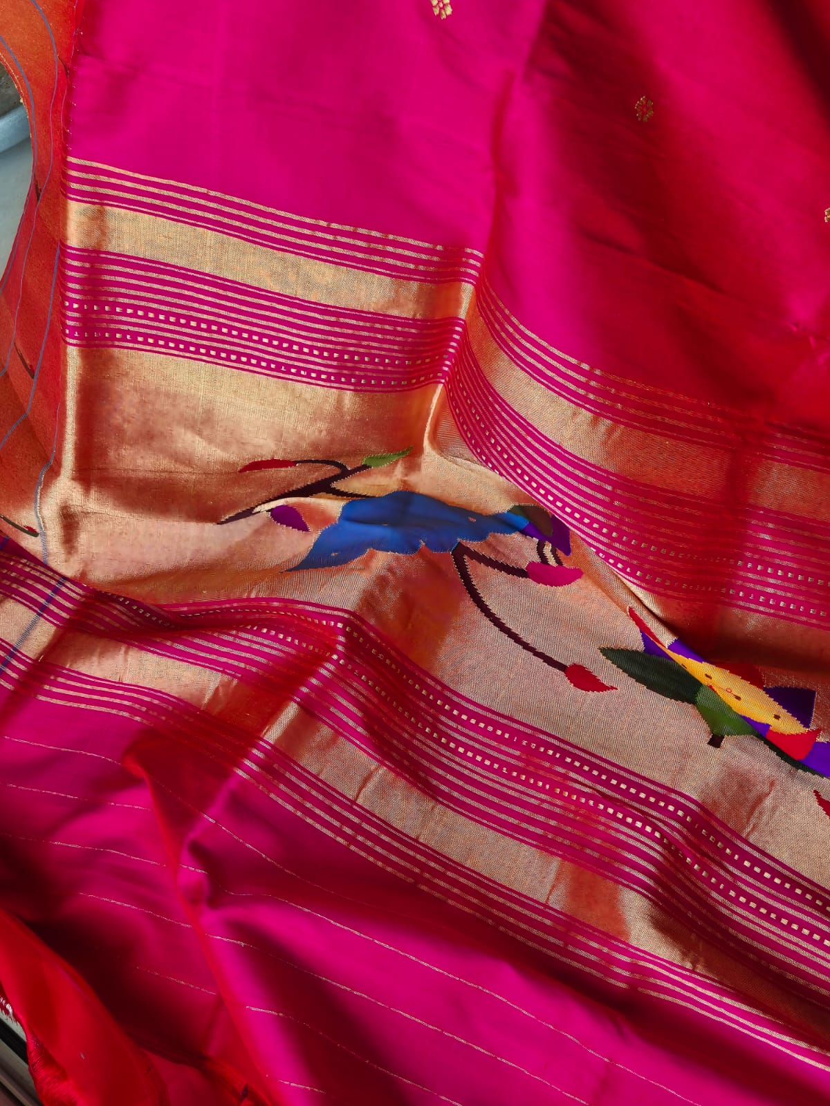 Parrot Theme Magenta Handloom Silk Paithani Dupatta With Triple Muniya Border