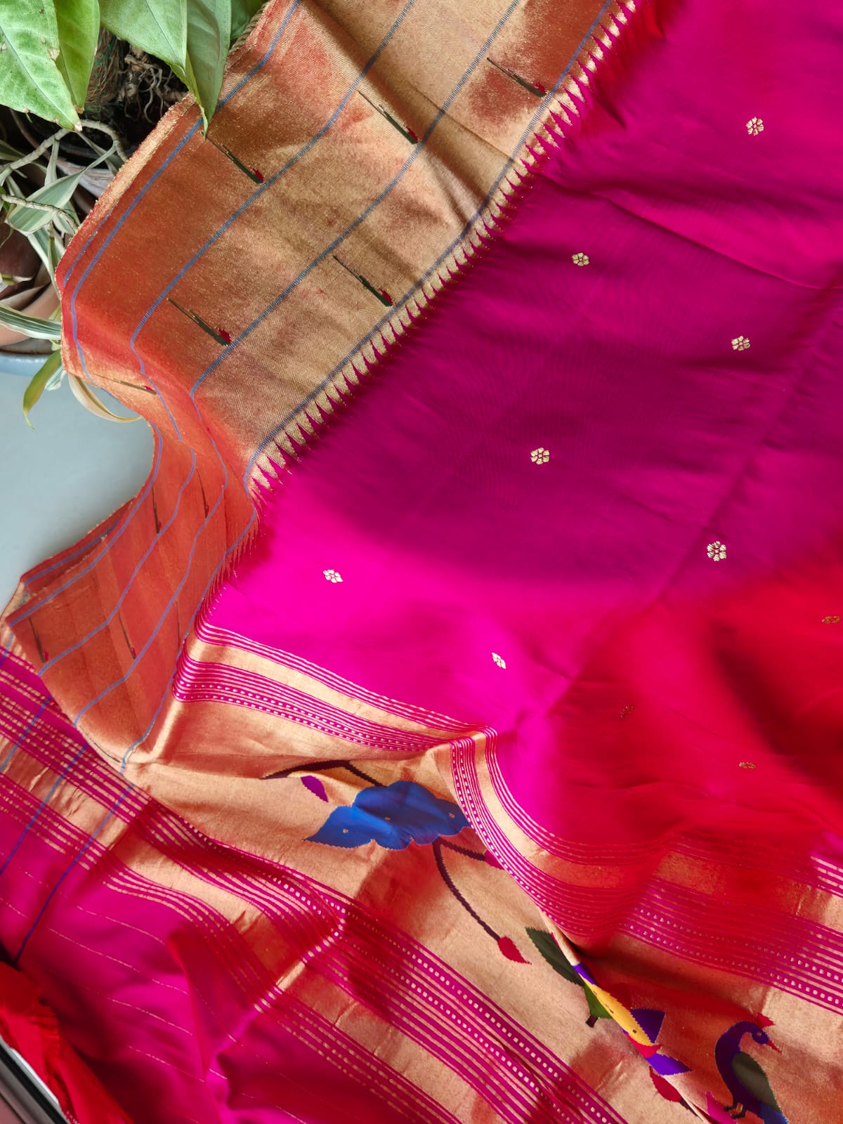 Parrot Theme Magenta Handloom Silk Paithani Dupatta With Triple Muniya Border