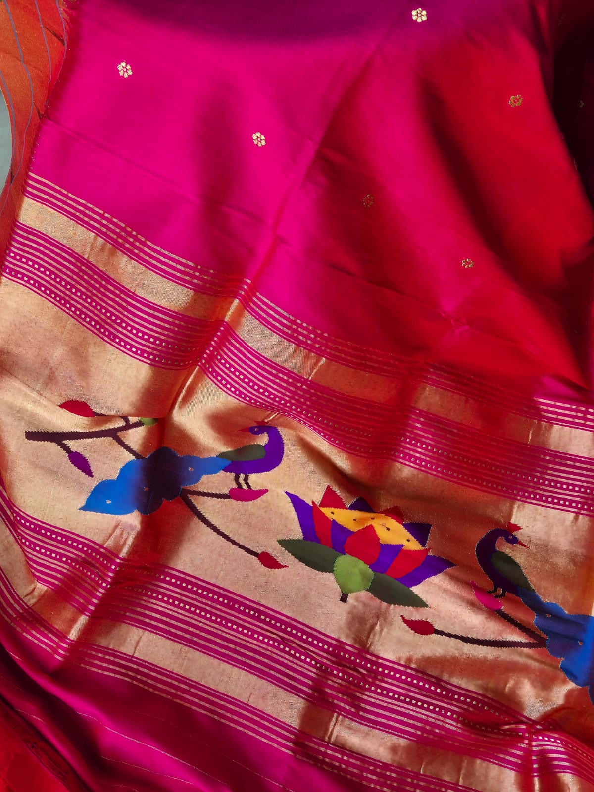 Parrot Theme Magenta Handloom Silk Paithani Dupatta With Triple Muniya Border