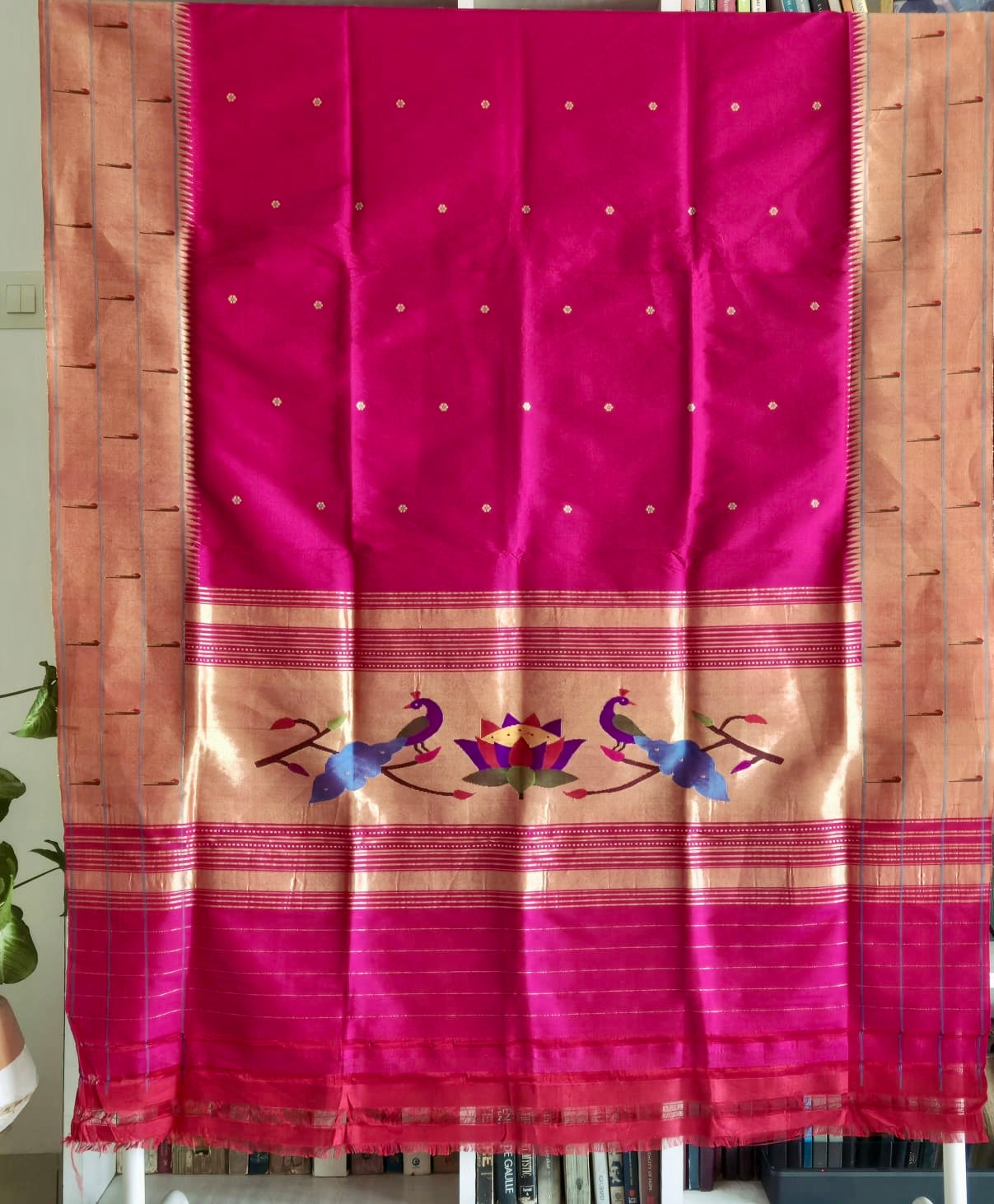 Parrot Theme Magenta Handloom Silk Paithani Dupatta With Triple Muniya Border