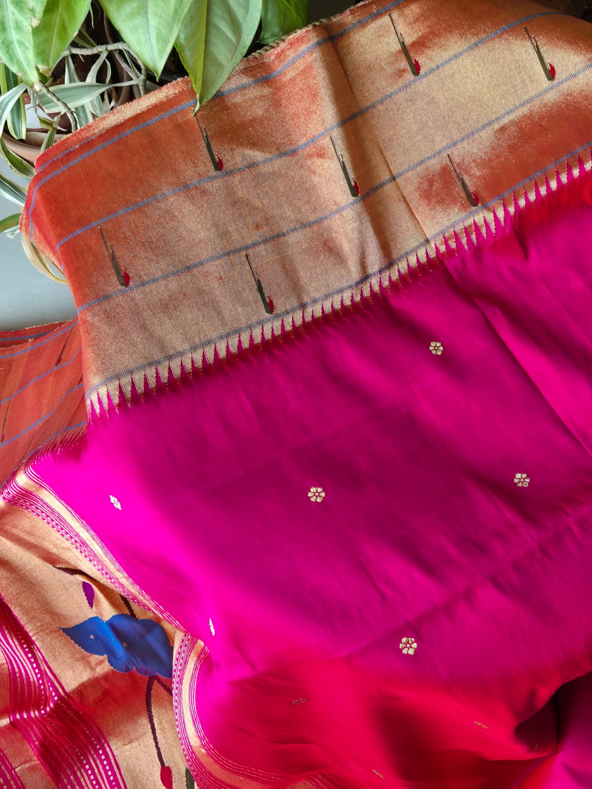 Parrot Theme Magenta Handloom Silk Paithani Dupatta With Triple Muniya Border