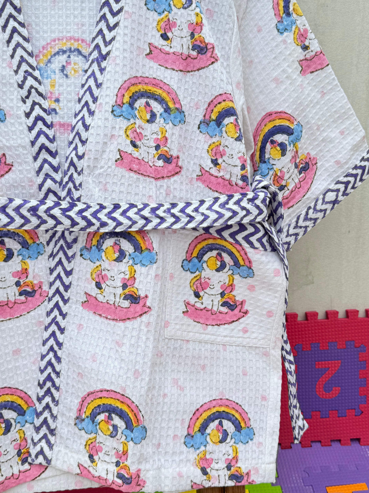 embroidered name unicorn themed waffle cotton bathrobe for girls ideal for bulk return gifts and small business resellers