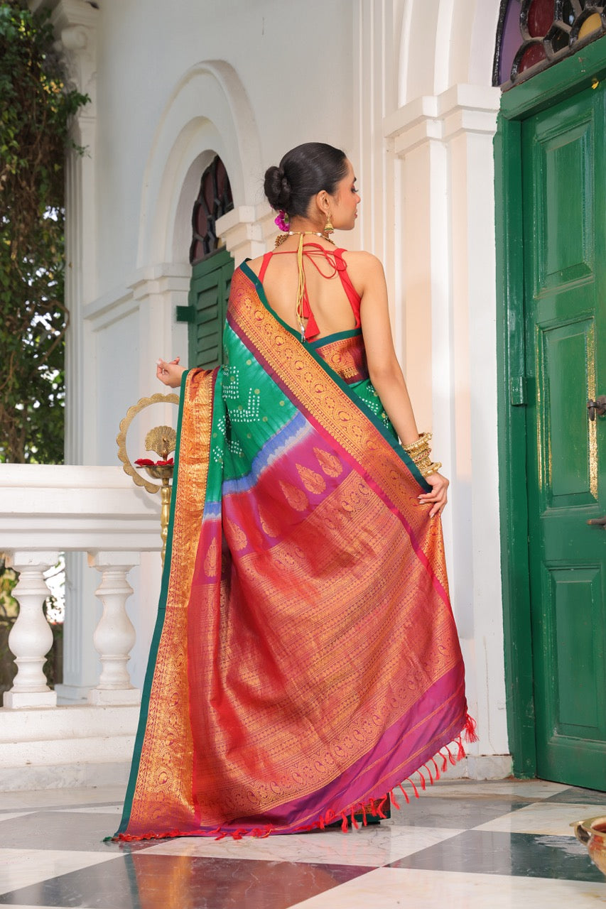 Green and Maroon Kanjivaram Silk Bandhani Saree