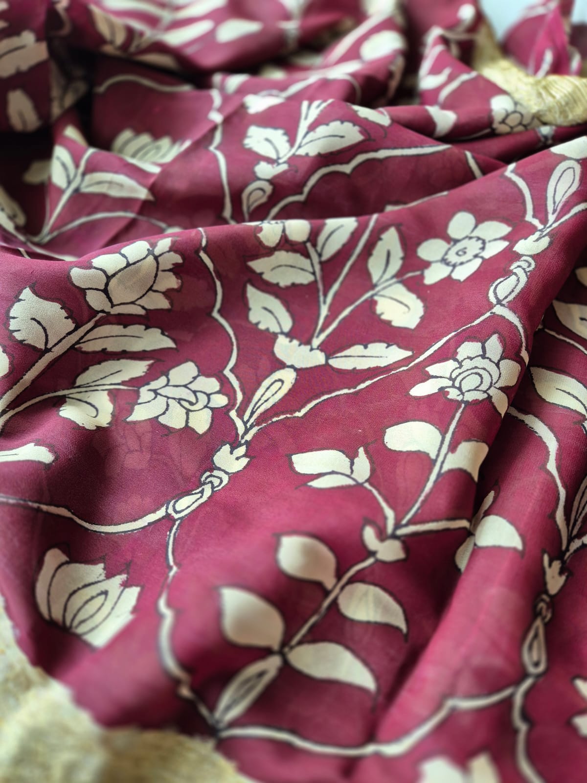 Maroon Mughlai Floral Pure Banarsee Georgette Kalamkari Saree