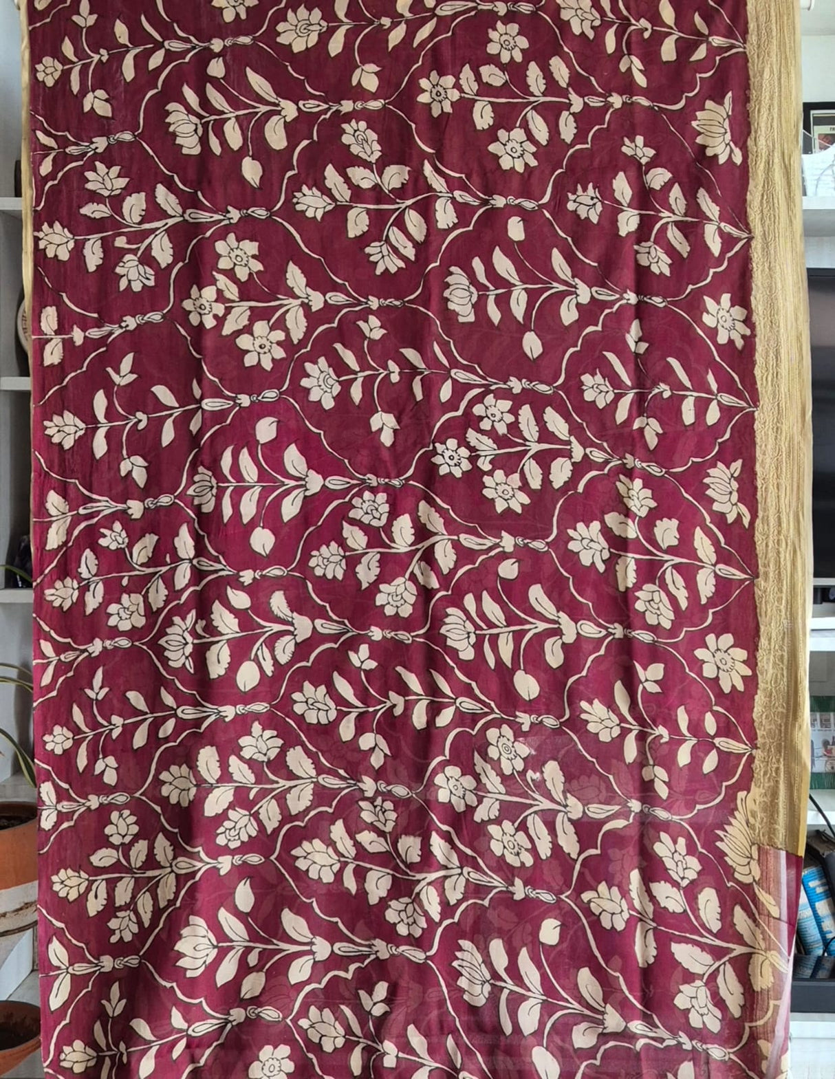 Maroon Mughlai Floral Pure Banarsee Georgette Kalamkari Saree