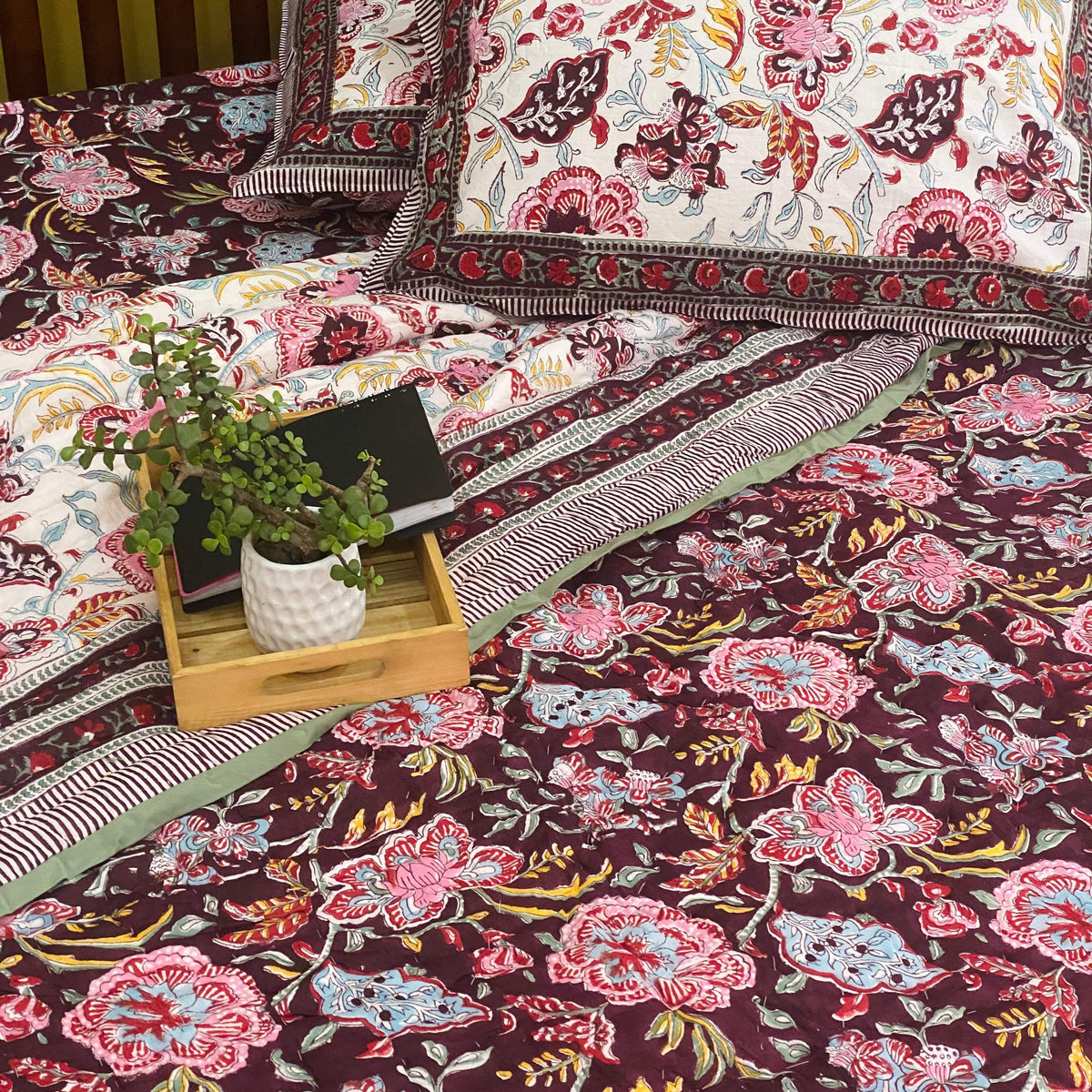 Mulmul Cotton Quilt in Floral Block Print main image 1