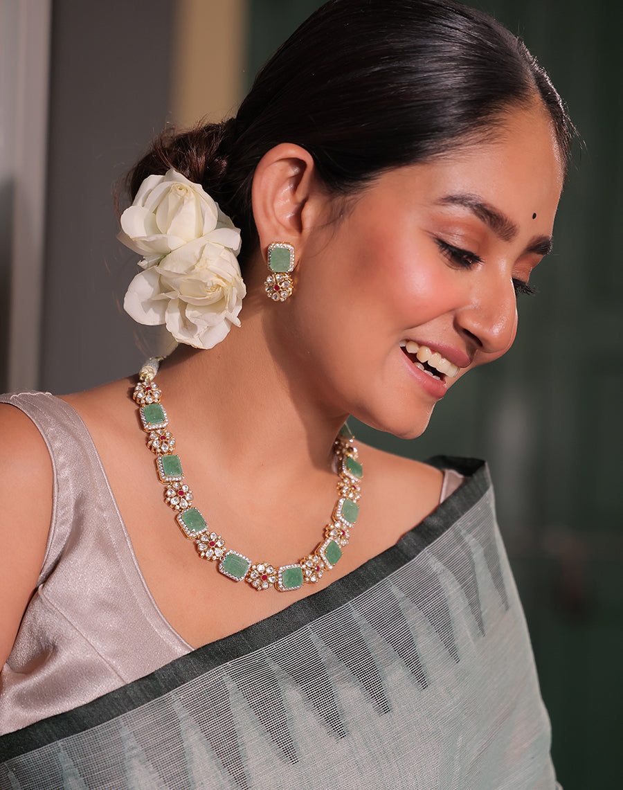 Verdant Radiance - Statement Moissanite Polki and Green Aventurine Necklace and Earrings