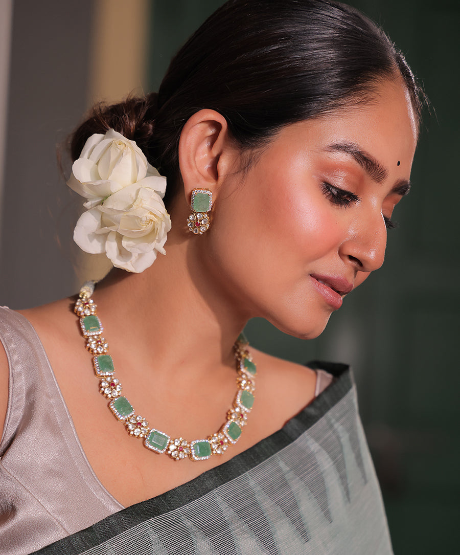 Verdant Radiance - Statement Moissanite Polki and Green Aventurine Necklace and Earrings