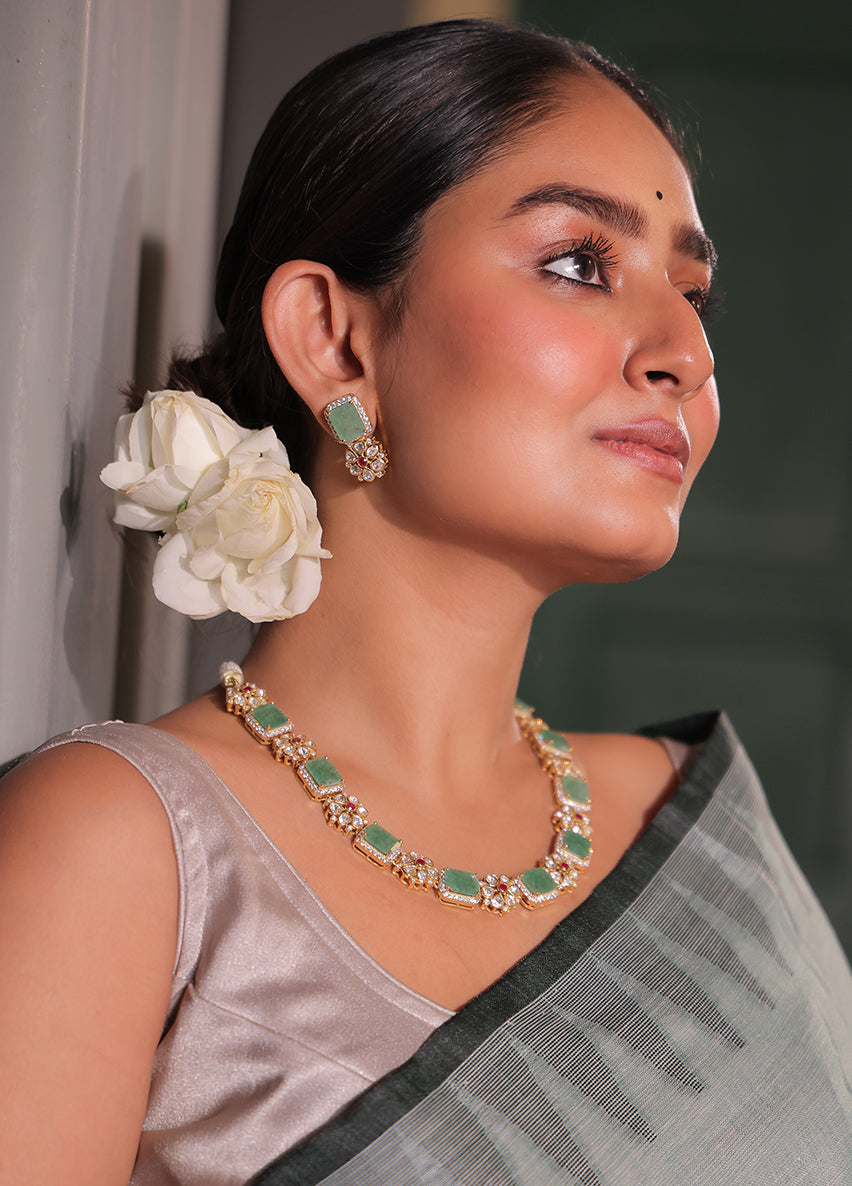 Verdant Radiance - Statement Moissanite Polki and Green Aventurine Necklace and Earrings