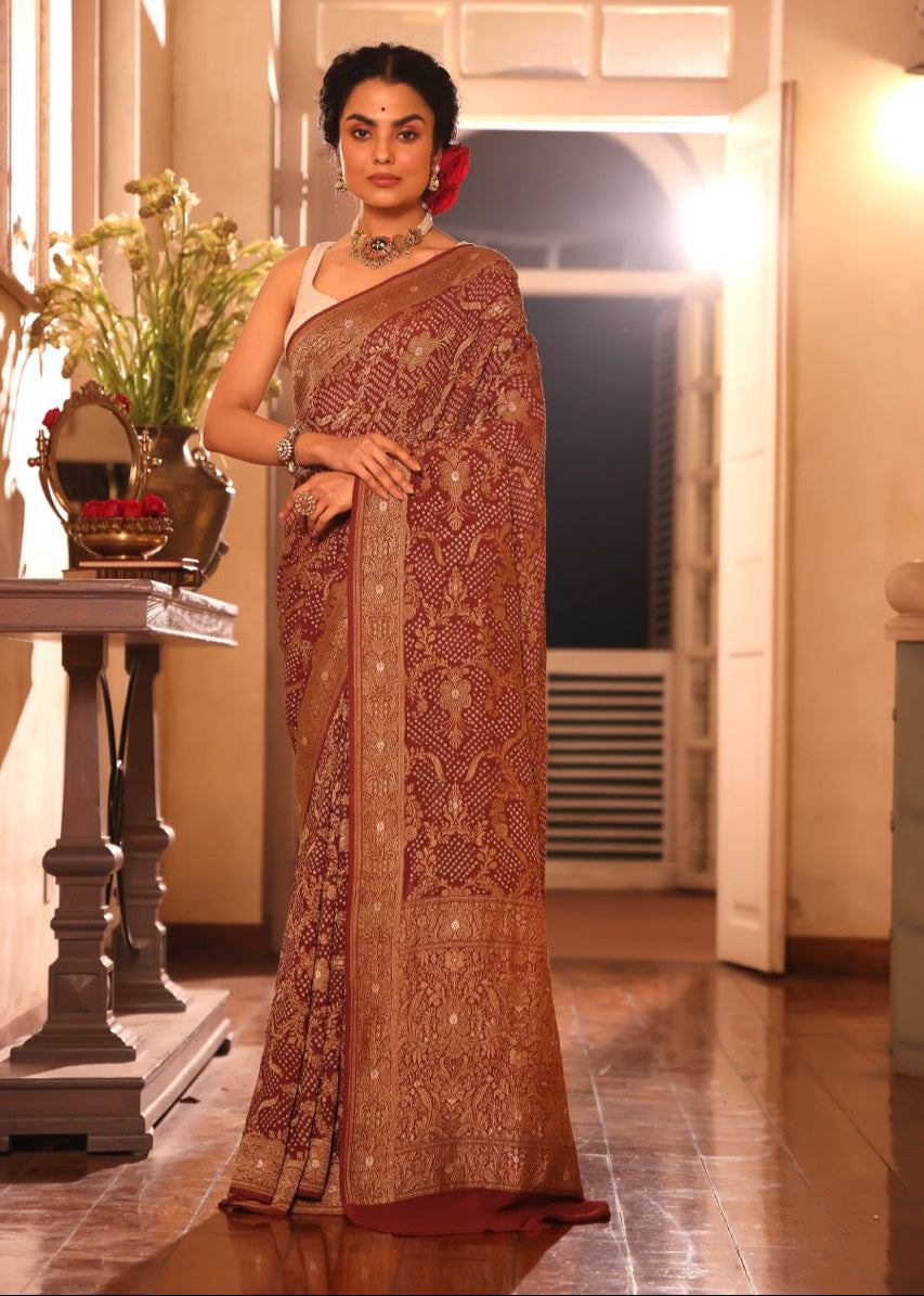 Deep Mauve Exclusive Handloom Pure Banarsi Georgette Bandhani Saree